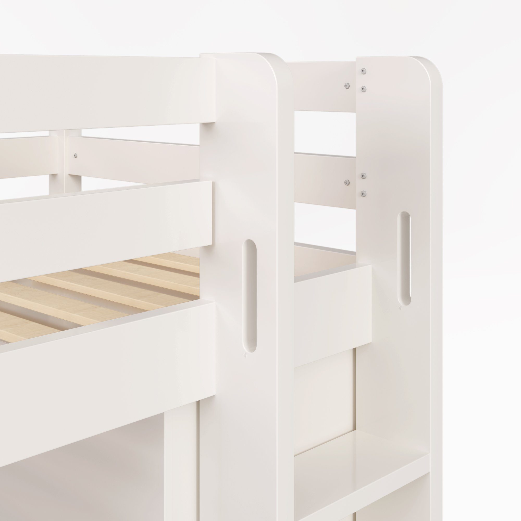 Hochbett (Stauraumbett Liegefläche 90x200 cm mit Kleiderschrank) Kinderbett mit Lattenrost, aus massivem Kiefernholz