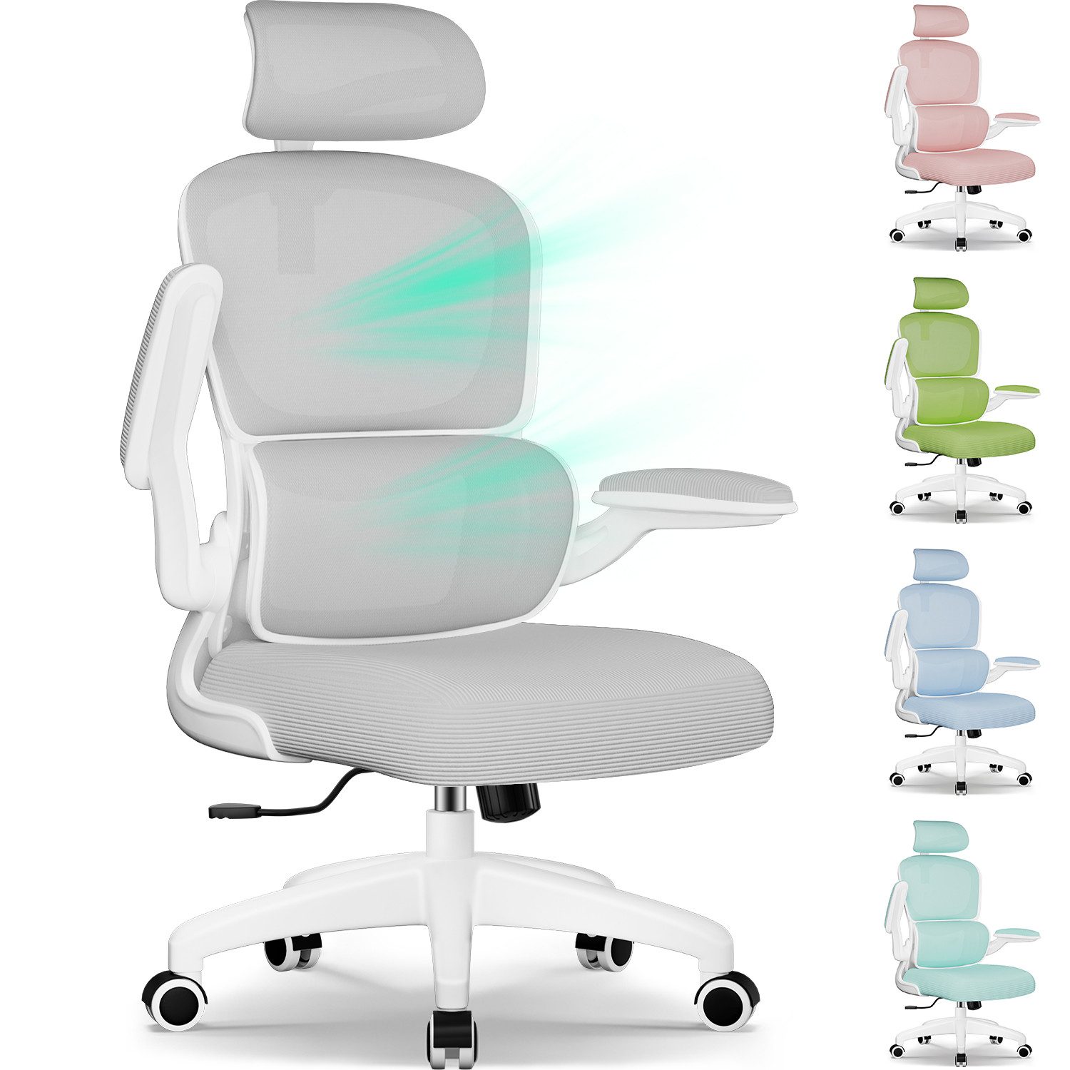 Fukstern Bürostuhl Ergonomischer Bürostuhl mit 90° klappbaren Armlehnen (Verstellbare Kopfstütze, atmungsaktiver Mesh-Bezug, Rücken- und Taillenstütze, Neigung fixierbar bei 90° (maximal kippbar bis 135), bis 150 kg belastbar