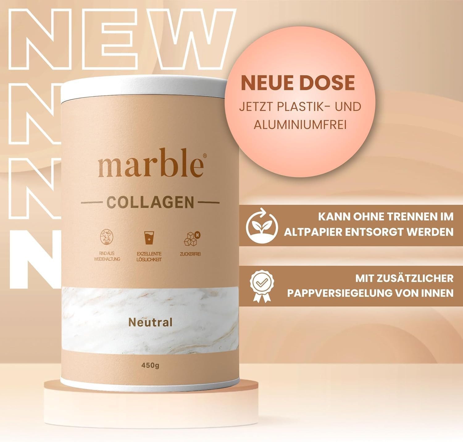 Marble Kollagen Pulver Neutral 450g – Typ I, II & III, ohne Zucker Pulver, Packung à 1 St., 450 g, Pappdose ohne Plastik