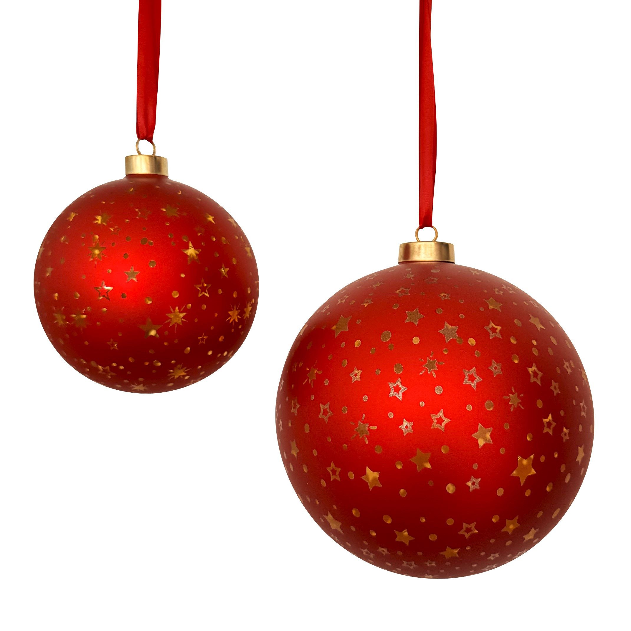 Online-Fuchs LED Dekolicht 2 Weihnachtskugeln in ROT aus Glas zum Aufhängen - Weihnachtsdeko, gelaserte Sterne und Punkte, 15 & 25 warmweiße LEDs, praktische 6-Stunden Timerfunktion