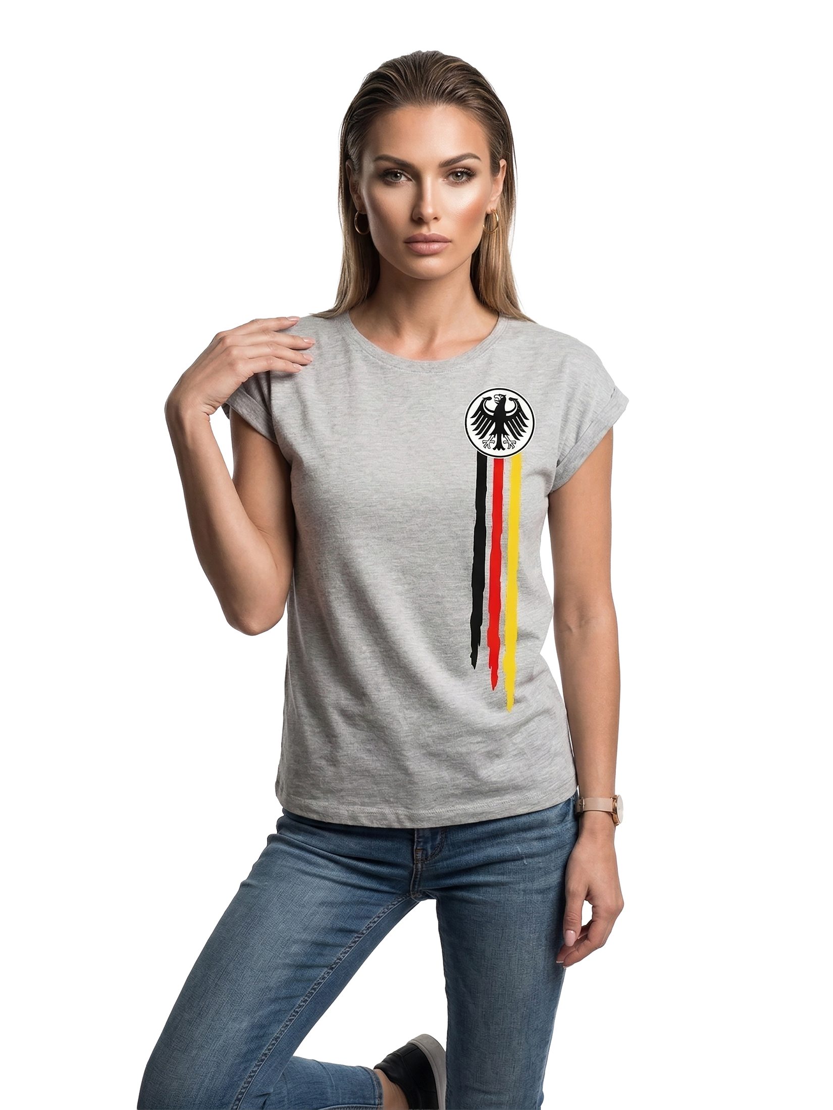 MAKAYA Print-Shirt Deutschland EM Trikot Damen Adler Flagge Fahne Fußball WM Top (Schwarz, Weiß, Blau, Grau, Grün, Rosa, 34, 36, 38, 40, 42, 44, 46, 48, 50) große Größen