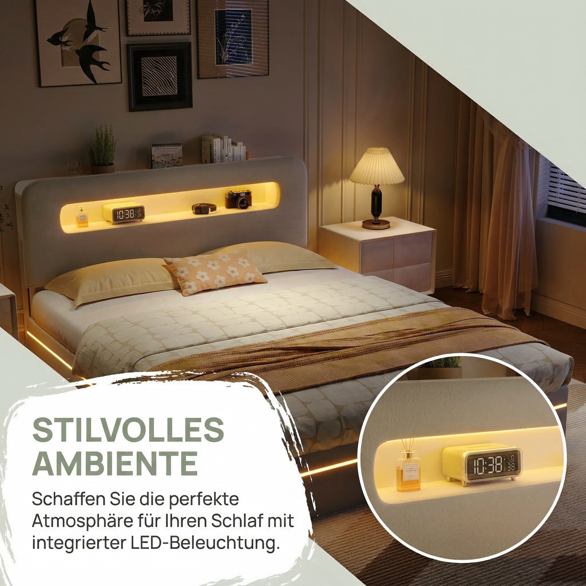 NMCXXO Polsterbett LED Doppelbett 140x200 cm (USB-Ladeanschluss), Bettkasten, Ladefunktion, Teddysamt, 140x200 – Bild 2 von 5