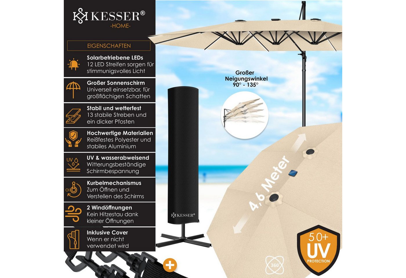 Thumbnail - KESSER Sonnenschirm, Sonnenschirm Doppelsonnenschirm 4,6m x 2,7m Ampelschirm