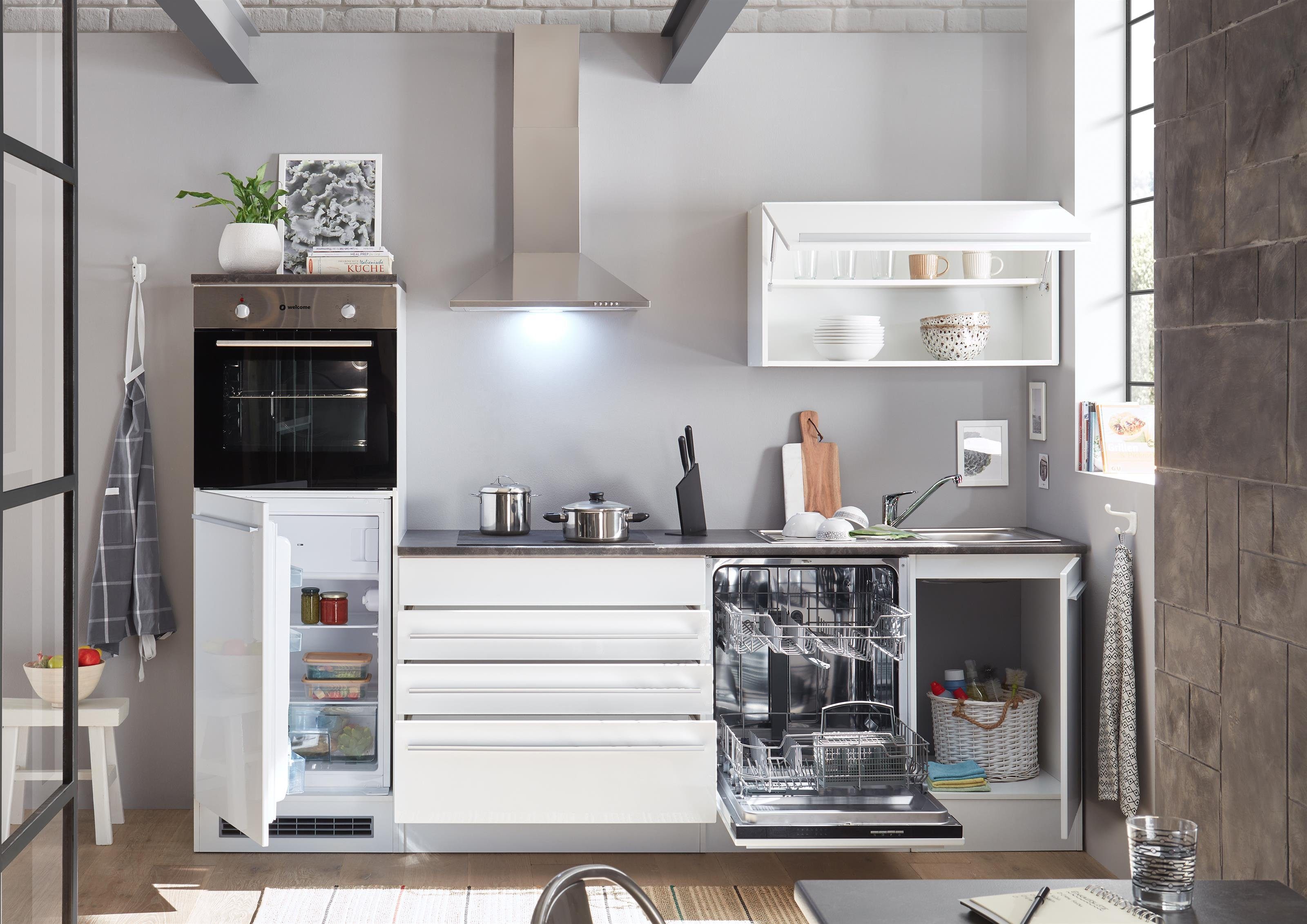 möbelando Küchenzeile Jamesy, inkl. Elektrogeräte in weiß matt / Stone Dark – 260x200x60 cm (B/H/T)