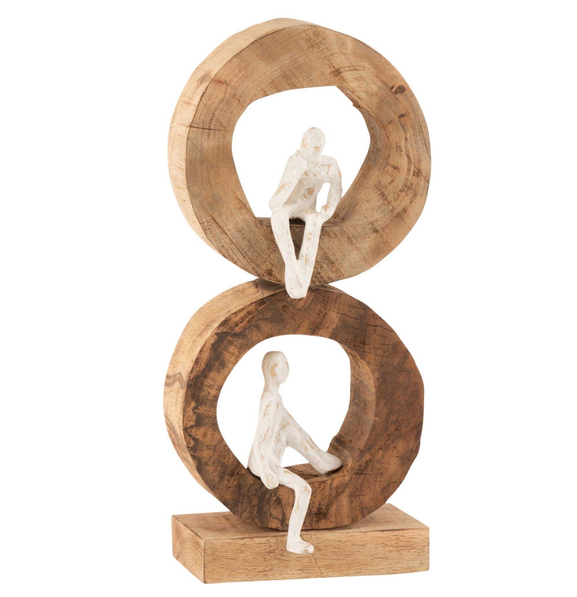 GILDE Dekoobjekt Skulptur "Doppelte Denker Ringe" - Mangobaum/Aluminium Natur/Weiß