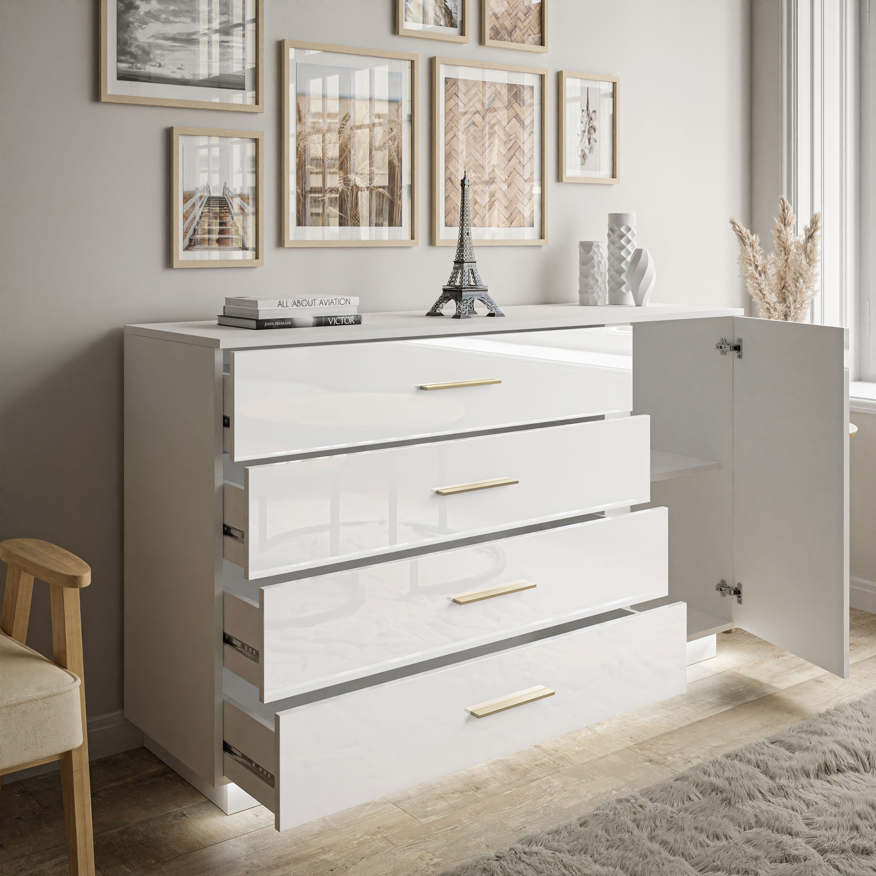 Lookway Kommode LINA II Weiß Hochglanz mit LED, Breite 138cm