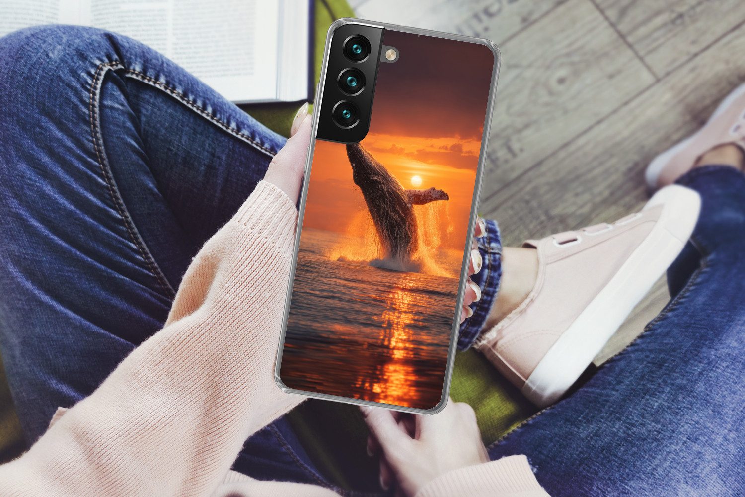 MuchoWow Handyhülle für Samsung Galaxy S22 Plus Wal - Sonne - Meer, Phone Case, Silikon, Schutzhülle Dünn