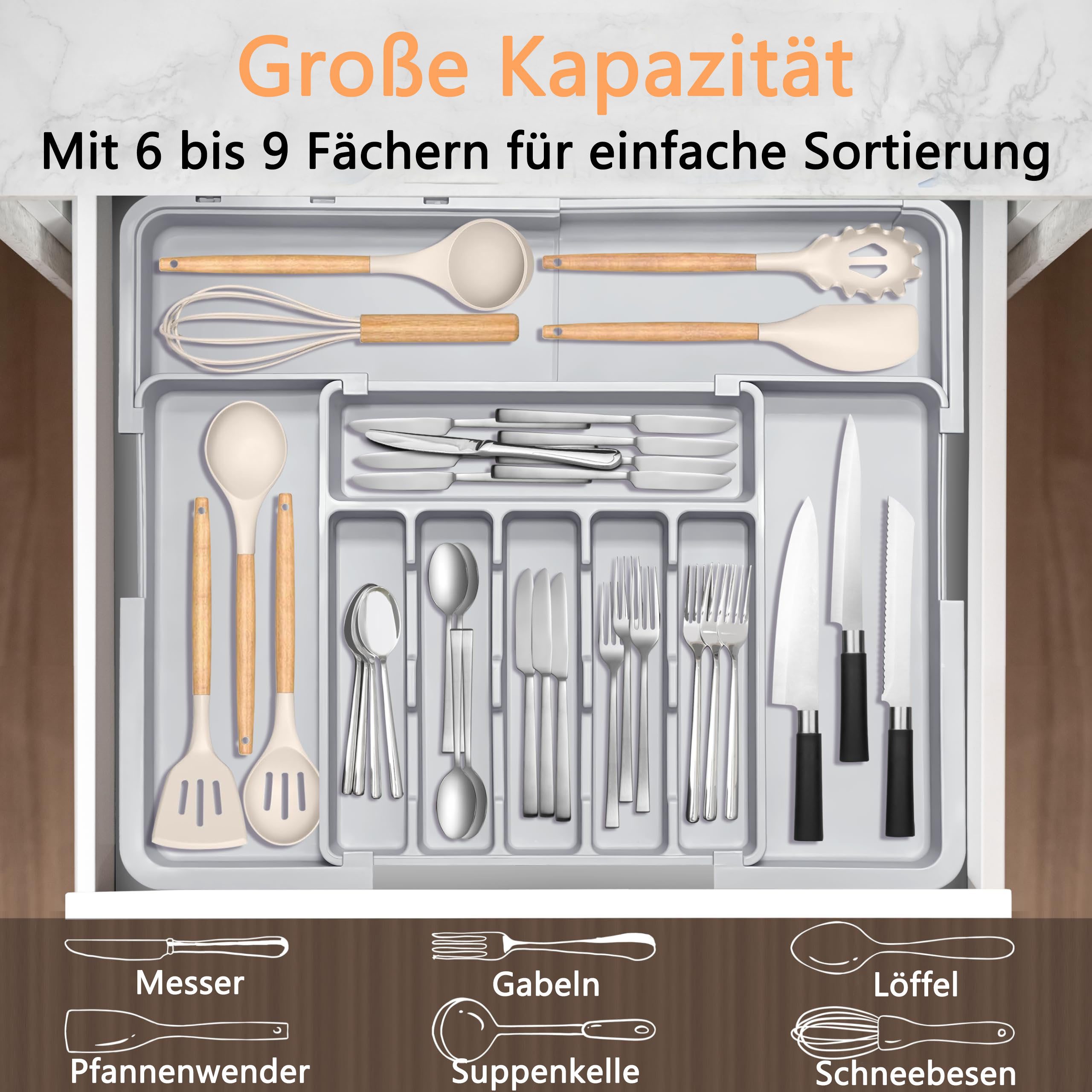 FOUORTUNATE-BEE Besteckhalter Erweiterbar Besteckkasten für Schubladen, (Abnehmbar Besteckeinsatz für Schubladen, Praktischer Schubladeneinsatz, Erweiterbar Schubladen Organizer, Effiziente und Vielseitiger Küchen Organizer)