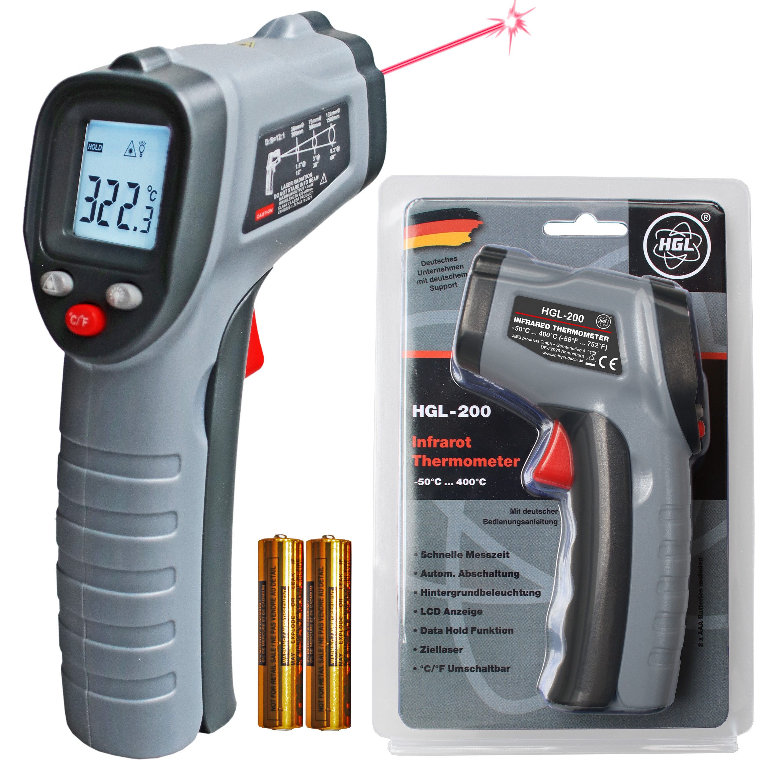HGL Infrarot-Thermometer -50°C ... 400°C / 600°C Temperaturmessgerät