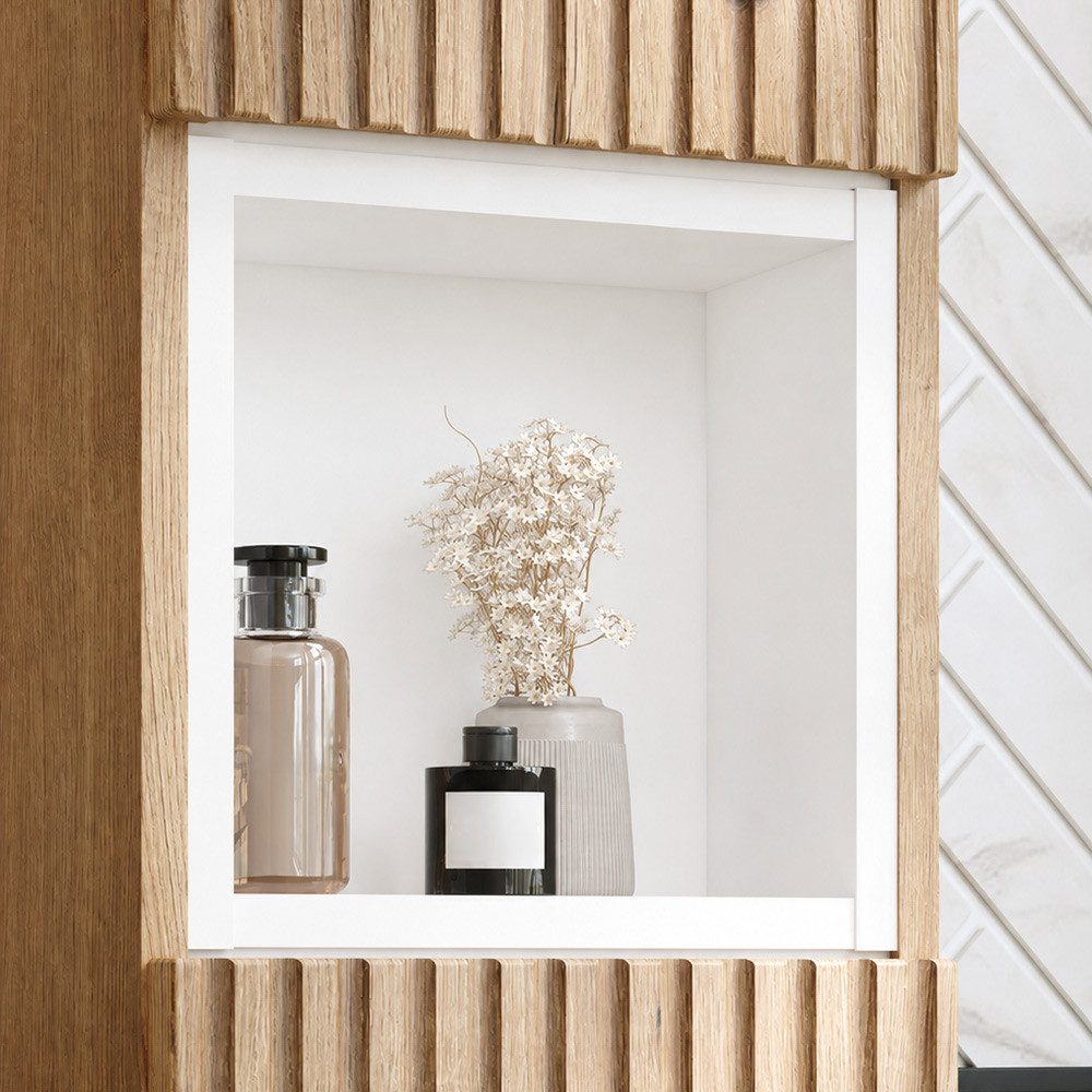 Lomadox Hochschrank NEWPORT-56-EVOKE Badschrank Eiche Rillen 30 cm Fach in Weiß grifflos Softclose Türen