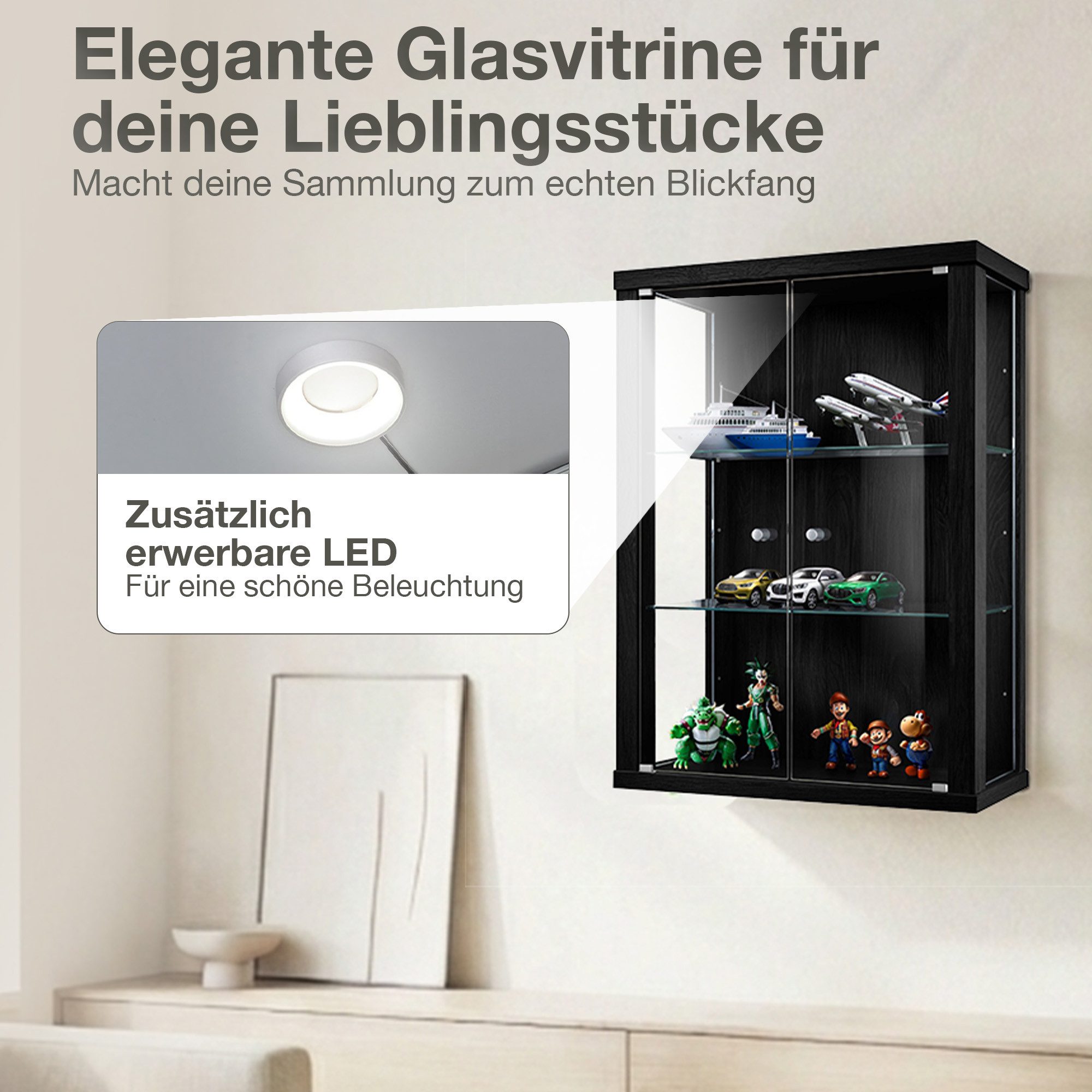 K-Möbel Hängevitrine C1012 (Glasvitrine (80x60x25 cm) mit 2 Glastüren) Glasvitrine hängend – Bild 5 von 5