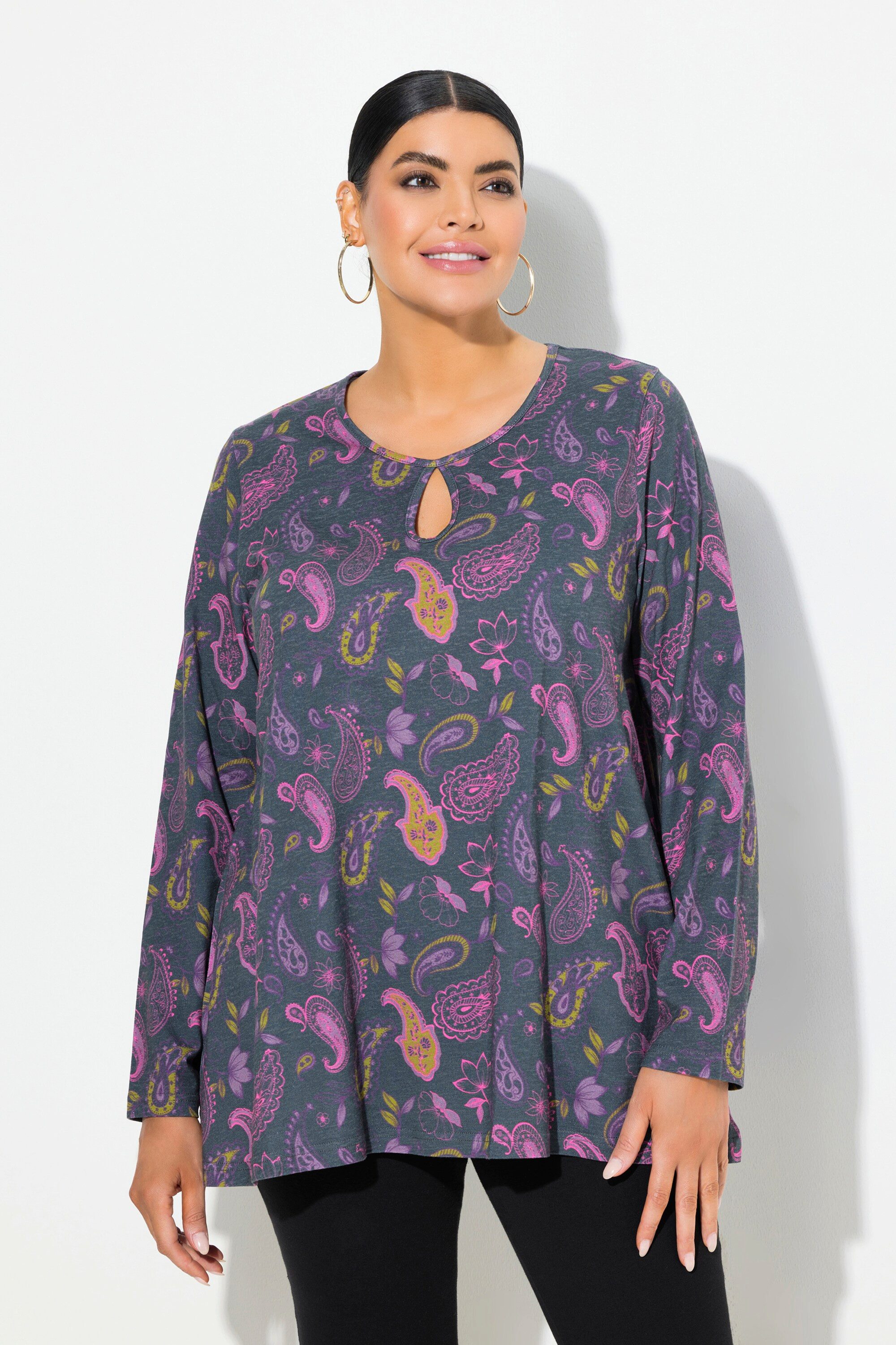 Longshirt Shirt A-Linie Rundhals Keyhole Langarm