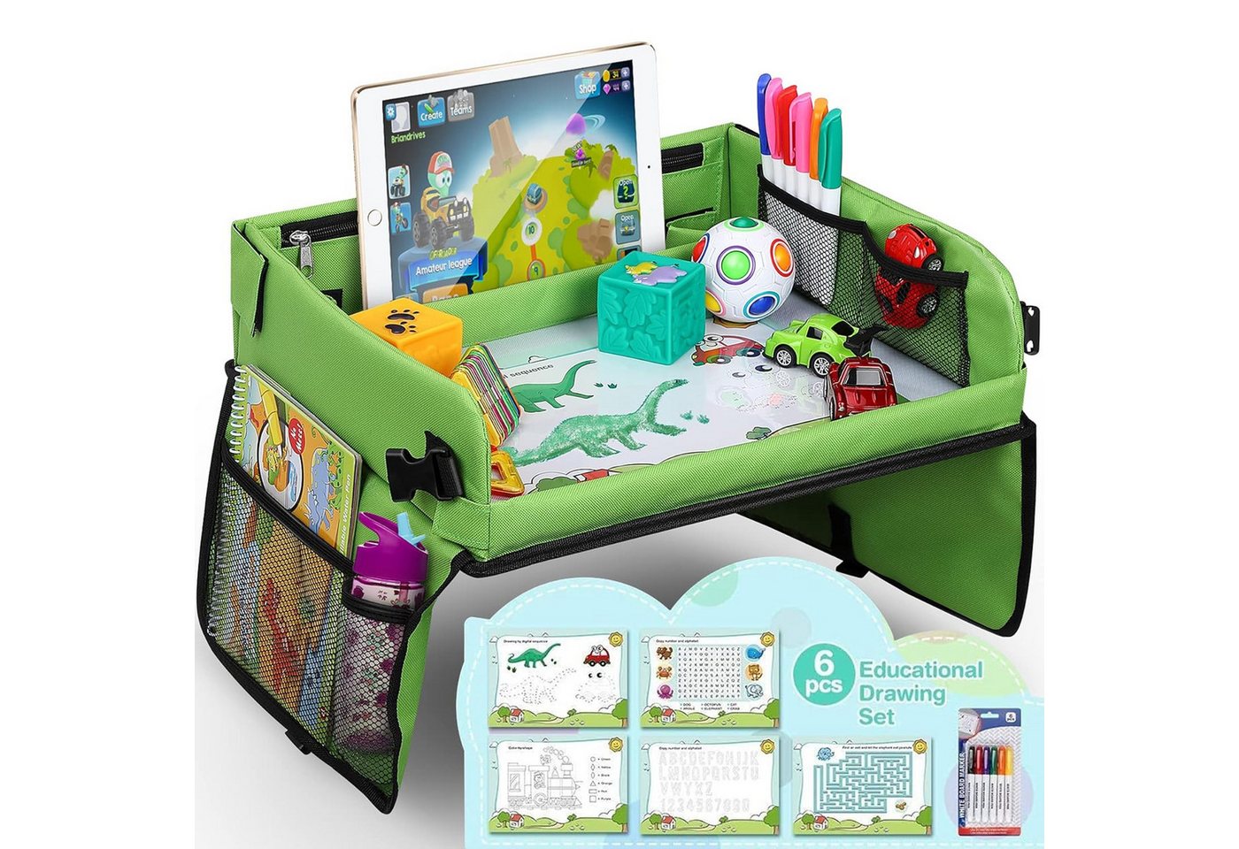 POPOLIC Spieltisch Reisetisch Auto Kinder, BeschäFtigung Autofahrt Kinder(Grün), (Spiele für Autofahrt Kinder, Reise Gadgets, Auto Organizer Kinder, 1-tlg), Auto Reise Spielzeug ab 3 Jahre, Geschenk ab 3 Jahre