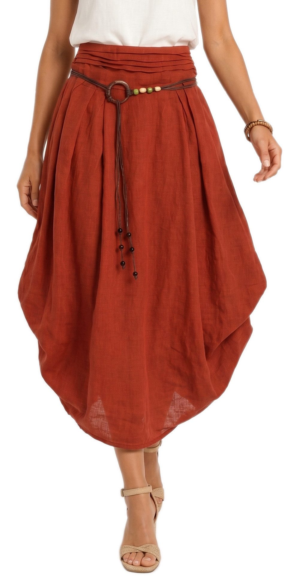 dy_mode Ballonrock Damen Leinenrock Midi Ballonrock Sommerrock Midirock in Unifarbe, mit Teil-Gummibund, Variabler 2-in-1 Look