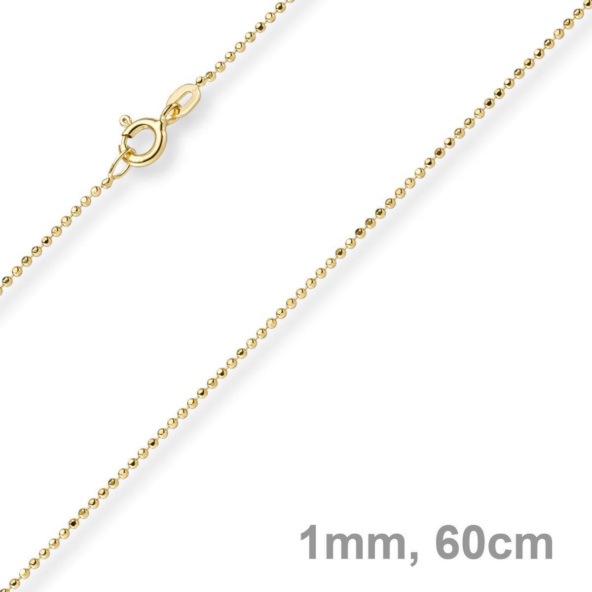 Goldkette 1mm Kugelkette diamantiert, 750 Gelbgold, 60cm
