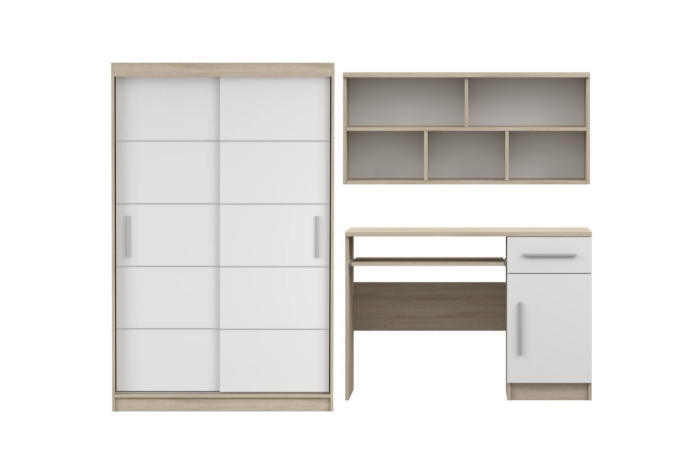 Deine Möbel 24 Jugendzimmer-Set TILL 06 Jugendzimmermöbel – Weiß matt / Eiche Sonoma, (modern & praktich, 3-tlg., perfekt für Kinder & Jugendliche), Kinderzimmer – Schrank, Schreibtisch & Wandregal