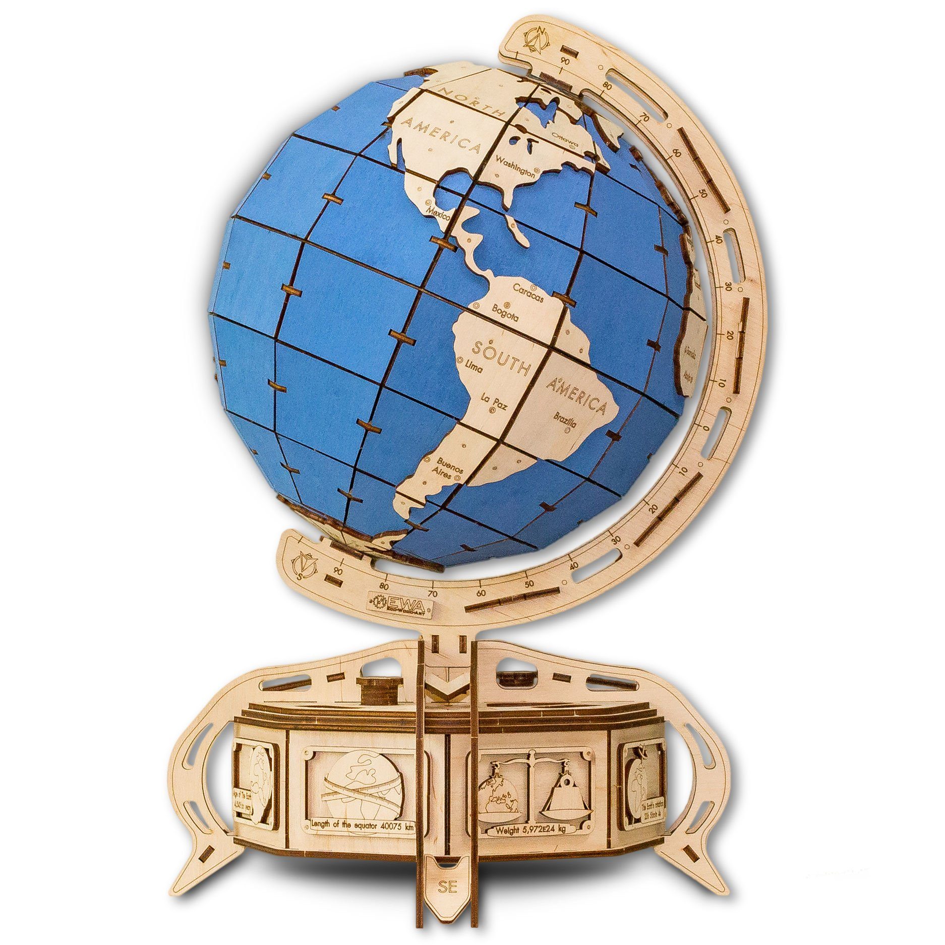 Eco Wood Art 3D-Puzzle Globus - blau – mechanischer Modellbausatz aus Holz, Puzzleteile