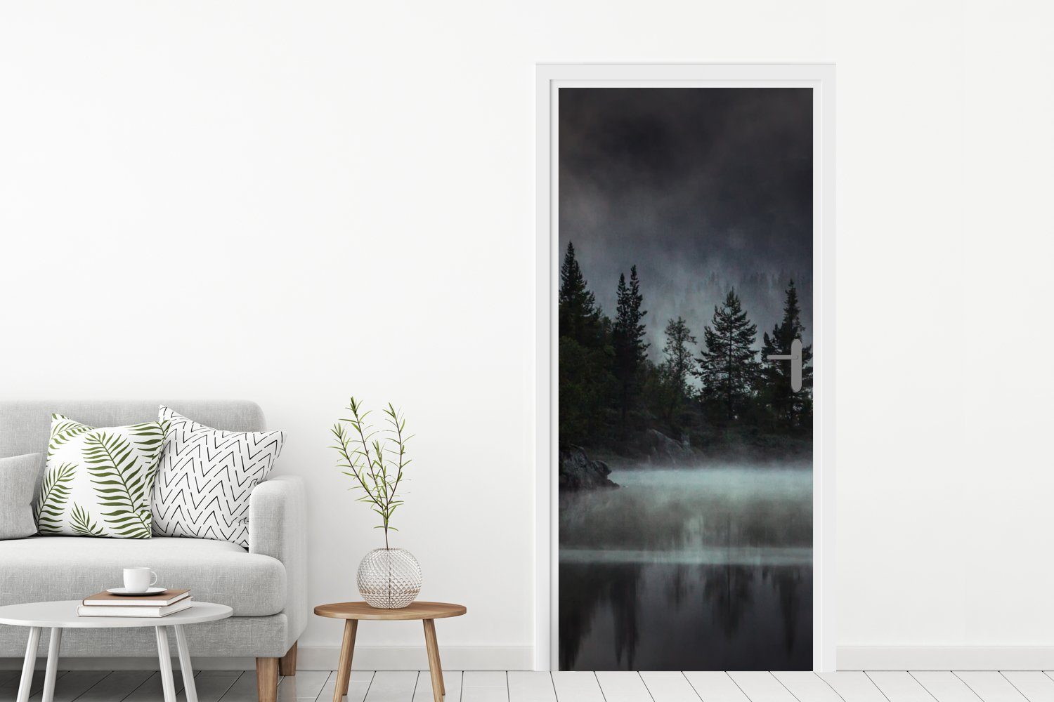 MuchoWow Türtapete Wald - Nebel 75x205 Fototapete Tür, - Weiß, bedruckt, für St), Matt, cm - Schwarz Türaufkleber, (1