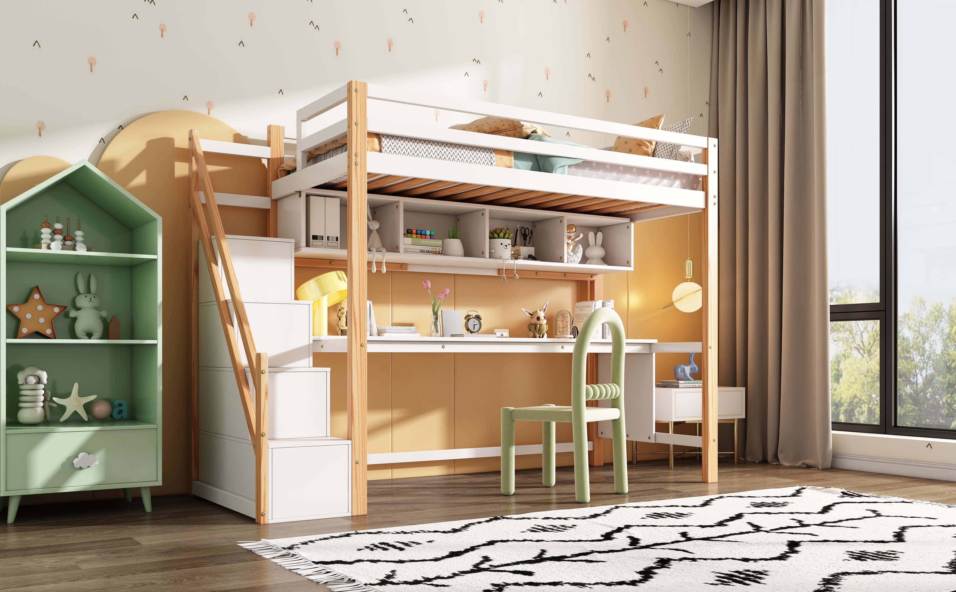 Ulife Hochbett Kinderbett Etagenbett mit Schreibtisch und Treppe Kiefer 90x200cm