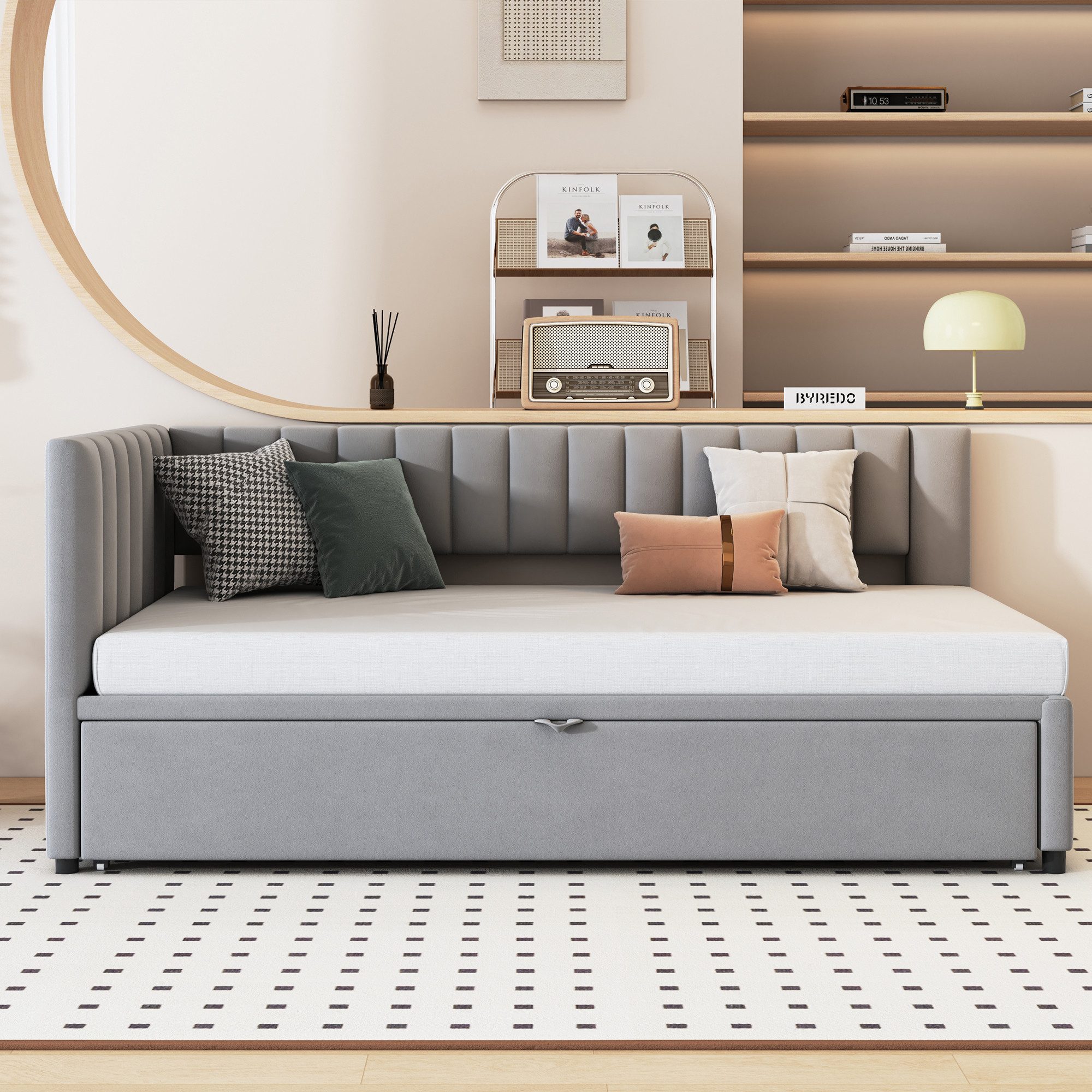 HAUSS SPOLE Schlafsofa 90/180x200cm mit Ausziehbett, L-förmiges Schlafsofa in Samt hellgrau, Multifunktionales L-förmiges Schlafsofa mit Ausziehbett, Samt, platzsparend, für Kinder- und Gästezimmer, ohne Matratze