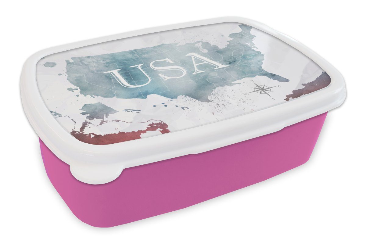 MuchoWow Lunchbox Weltkarte - Vereinigte Staaten - Ölfarbe, Kunststoff, (2-tlg), Brotbox für Erwachsene, Brotdose Kinder, Snackbox, Mädchen, Kunststoff rosa