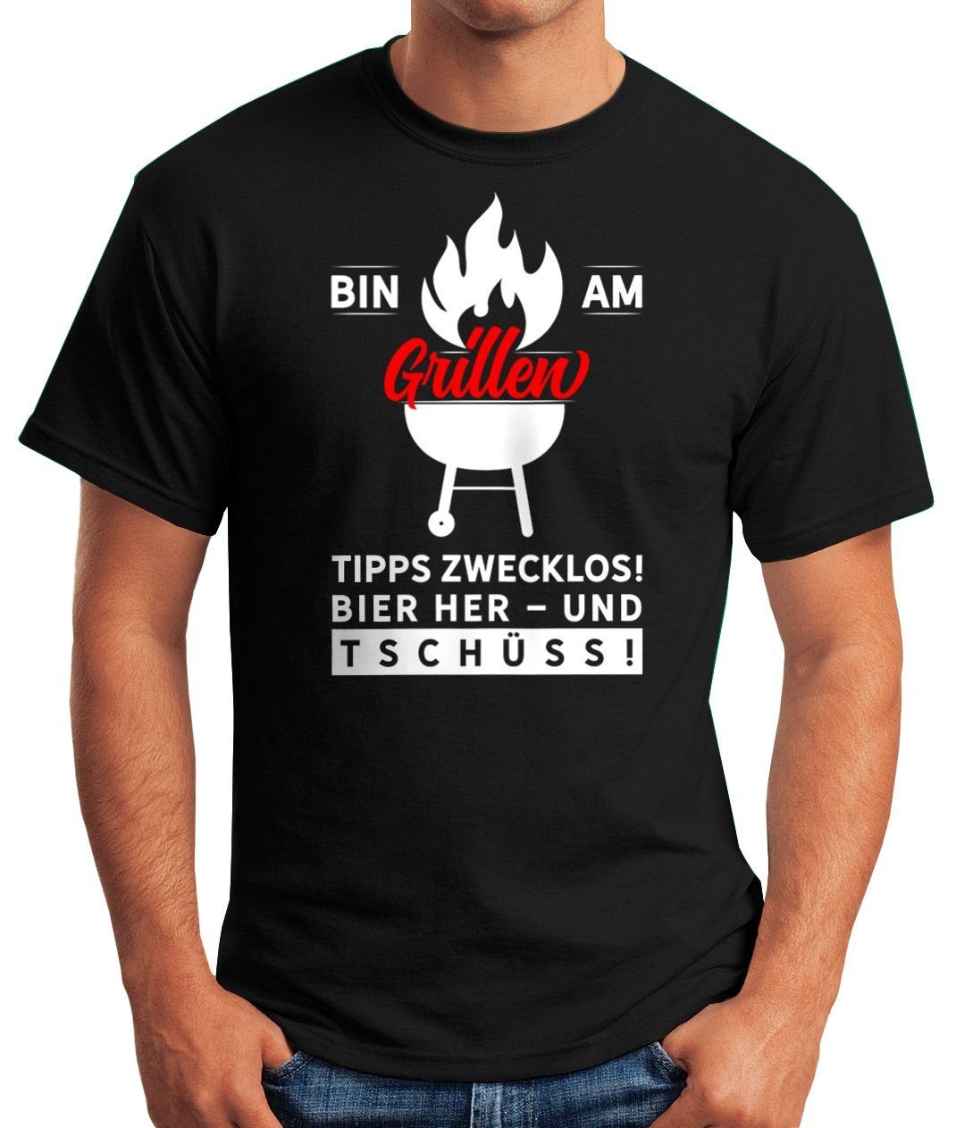 MoonWorks Print-Shirt Herren T-Shirt Foodie Print schwarz Spruch-Shirt Fun-Shirt Barbecue BBQ Tee am Bin Grillen mit Moonworks® Bier