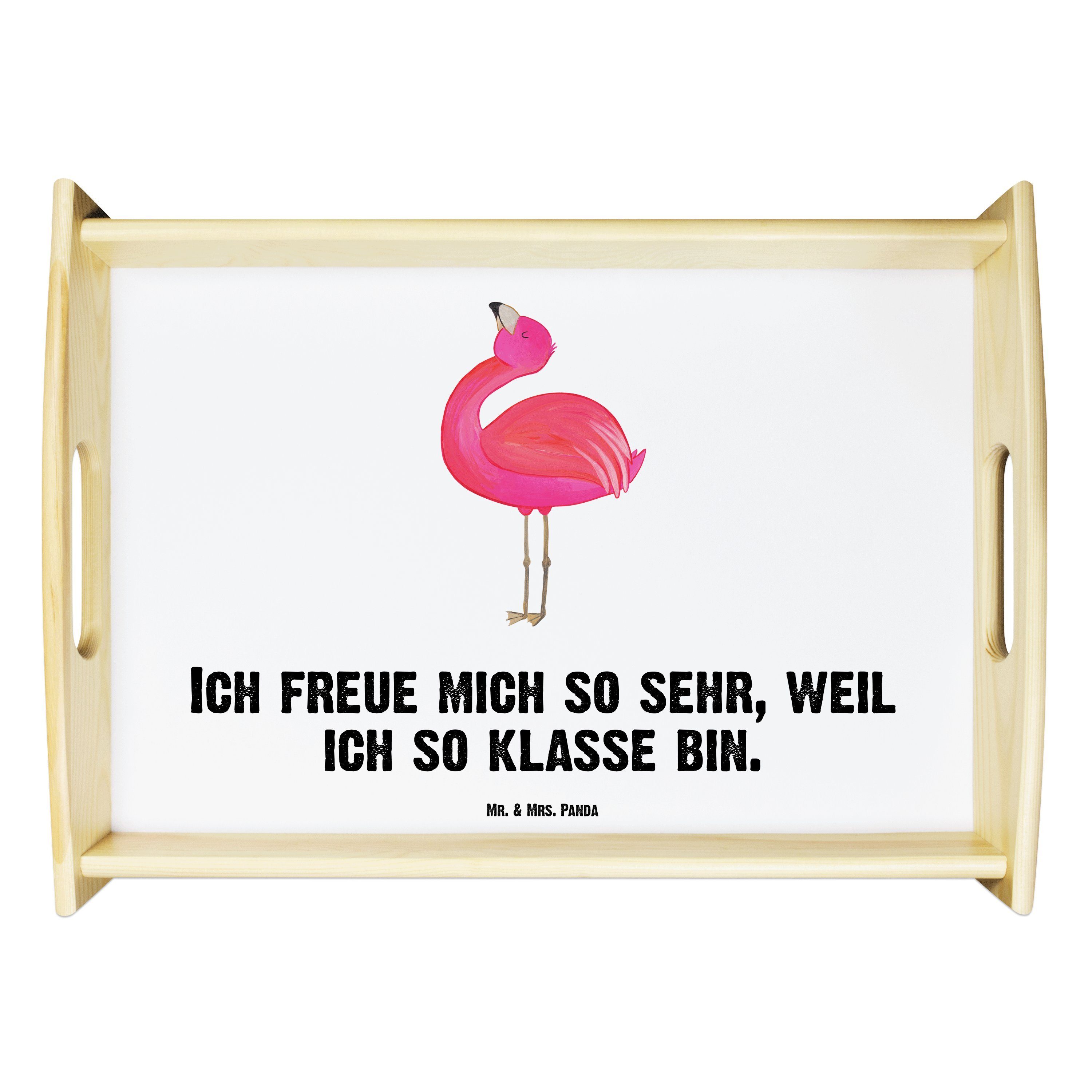 Mr. & Mrs. Panda Tablett Flamingo stolz - Weiß - Geschenk, Selbstliebe, rosa, Küchentablett, S, Echtholz lasiert, (1-tlg)