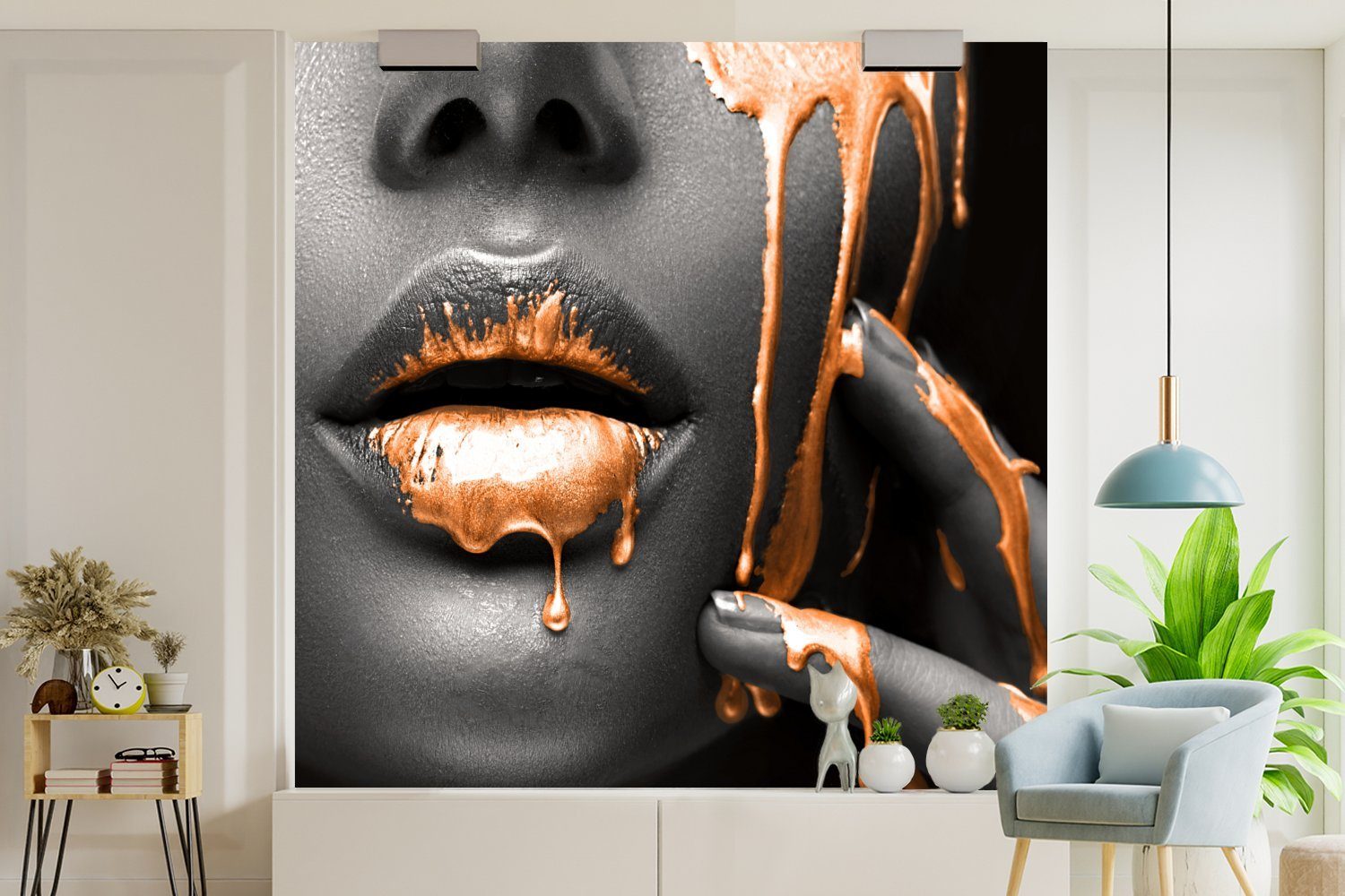 - bedruckt, Schwarz, (5 St), - MuchoWow Fototapete Wandtapete für Orange oder Matt, Schlafzimmer, Wohnzimmer Tapete Vinyl Lippen