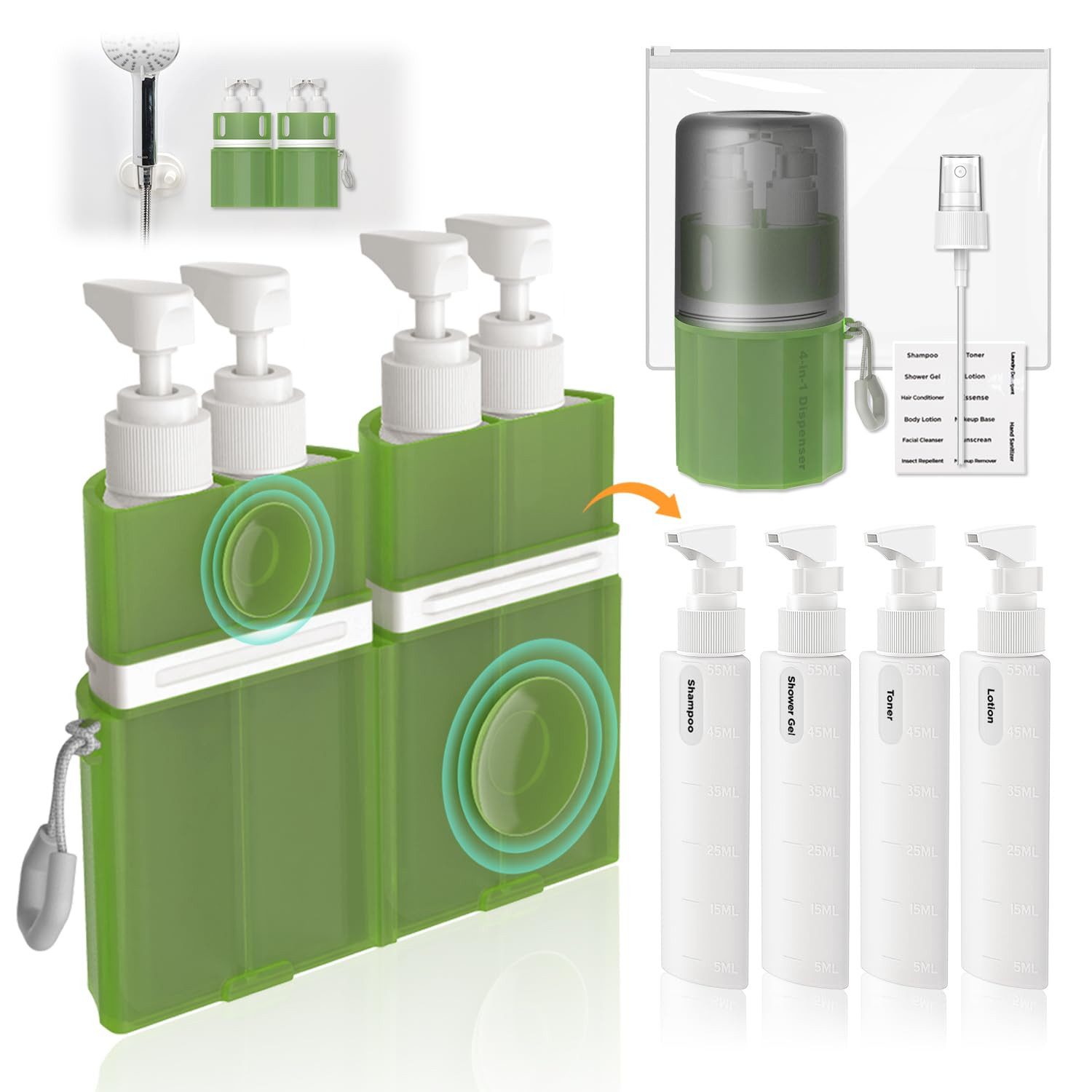 Diwzbyn Reisebehälter 4-in-1-Reisespender, Reiseflasche für Pflegeprodukte, 4 x 55 ml auslaufsichere Reiseflaschen mit Saugnäpfen