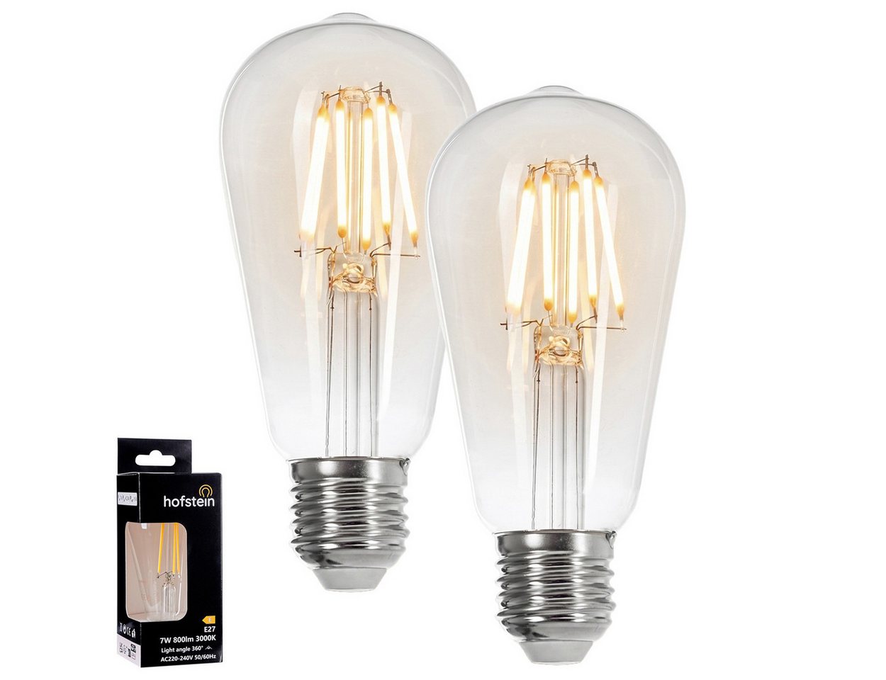 hofstein LED-Leuchtmittel 2er Set Glühbirne Warmweiß 6 Watt 800 Lumen, E27, 3000 Kelvin, Edison Vintage, Filament, Klar