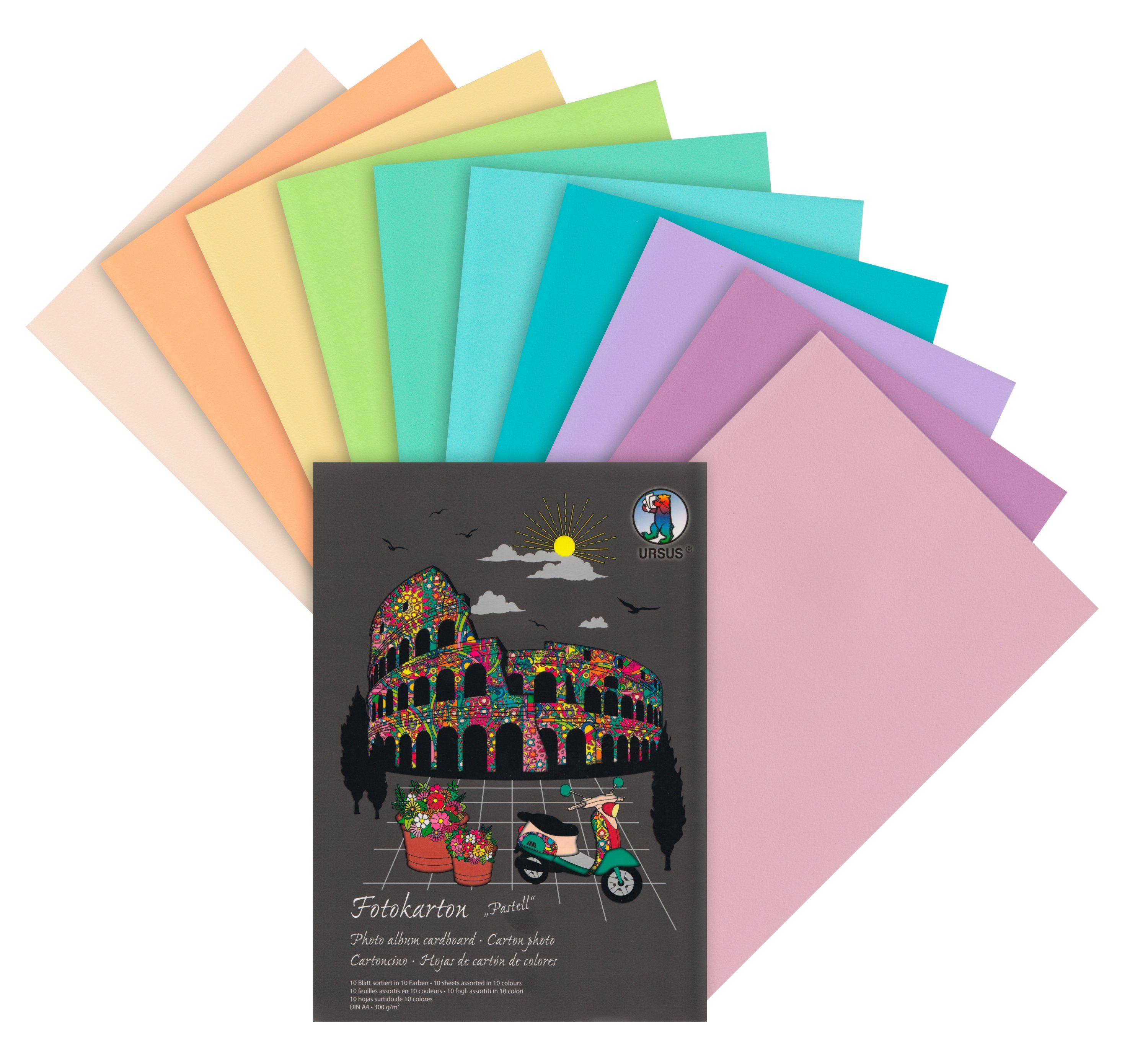 URSUS Papierkarton Fotokarton-Block Pastell A4, 10 Blatt