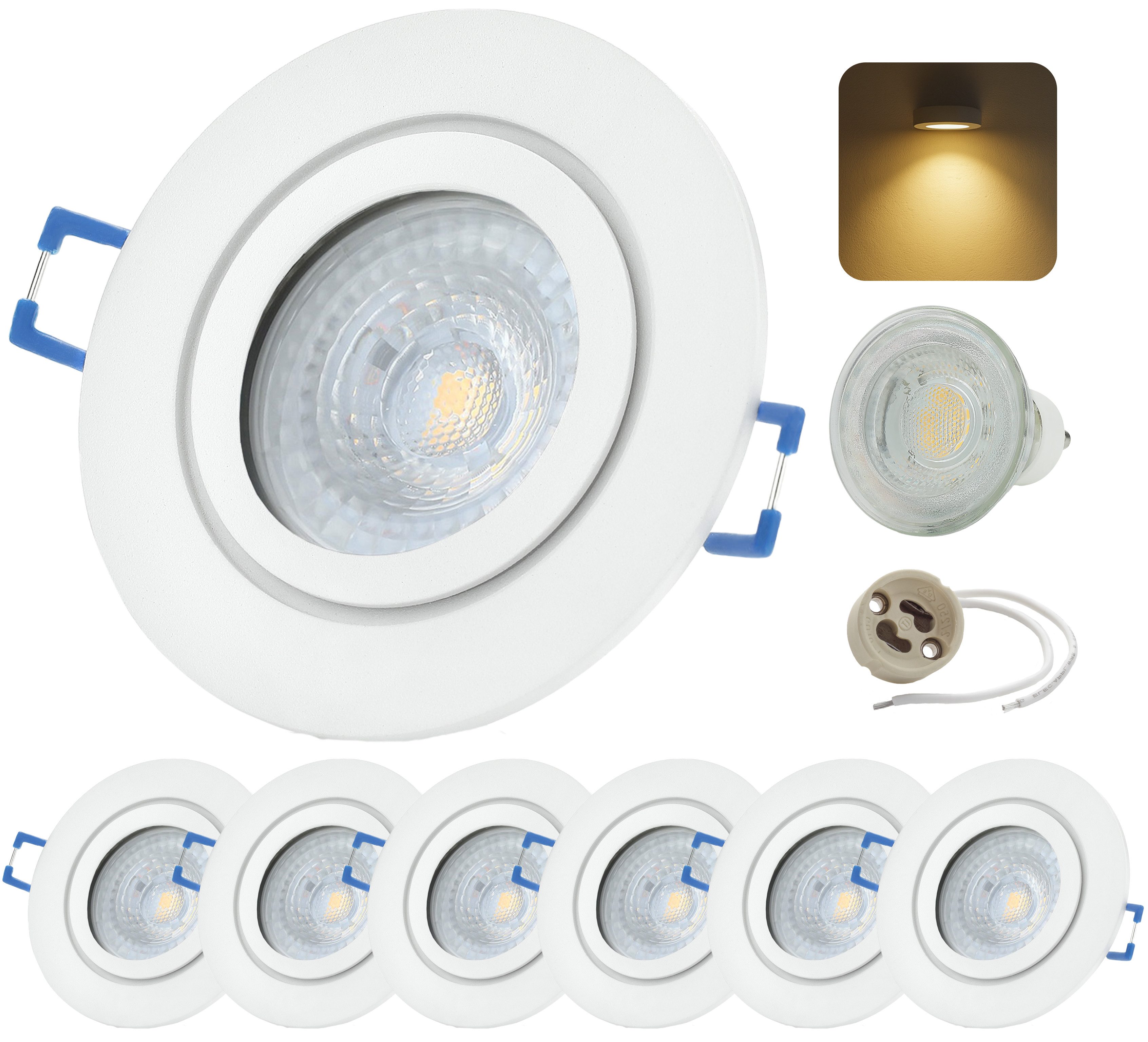 Sweet LED LED Einbaustrahler 6er Set IP44 GU10 7W 230V 3000K Bad Weiß matt LED Einbauspot Warmweiß, 3000K, Warmweiß, Deckenspots, Ø 85 mm, Einbauleuchten