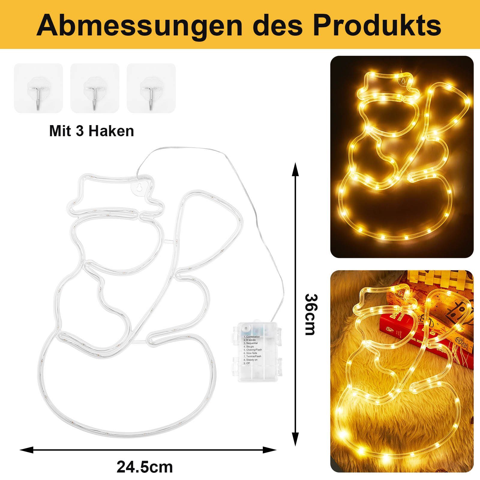Rosnek Beleuchtetes Fensterbild Doppelseitig, 8 modi, Wasserdicht, für Weihnachten Wand Fenster, mit Haken; Fenster Silhouette Lichter; Glas Deko
