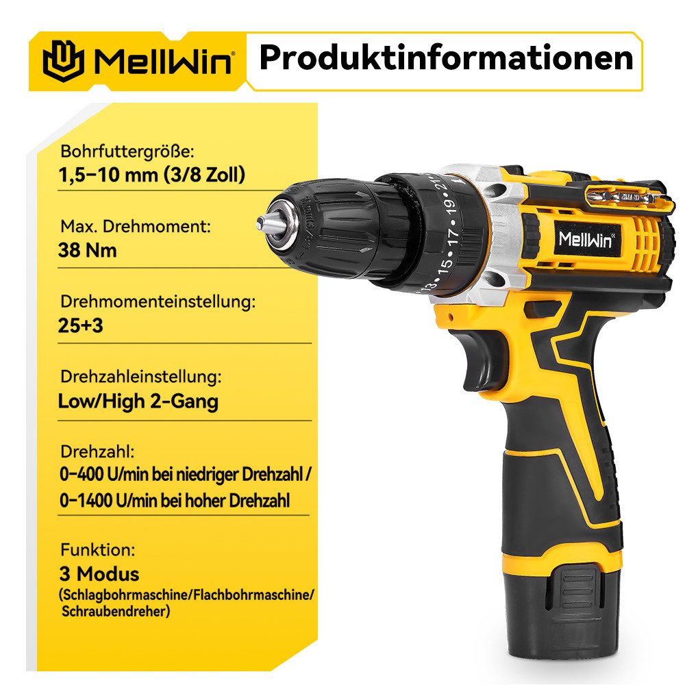 MELLWIN Akku-Bohrschrauber Set 38Nm mit Akkus, 25+3 Drehmomentstufen, max. 1400 U/min, 10mm Bohrfutter, Für Reparatur & DIY