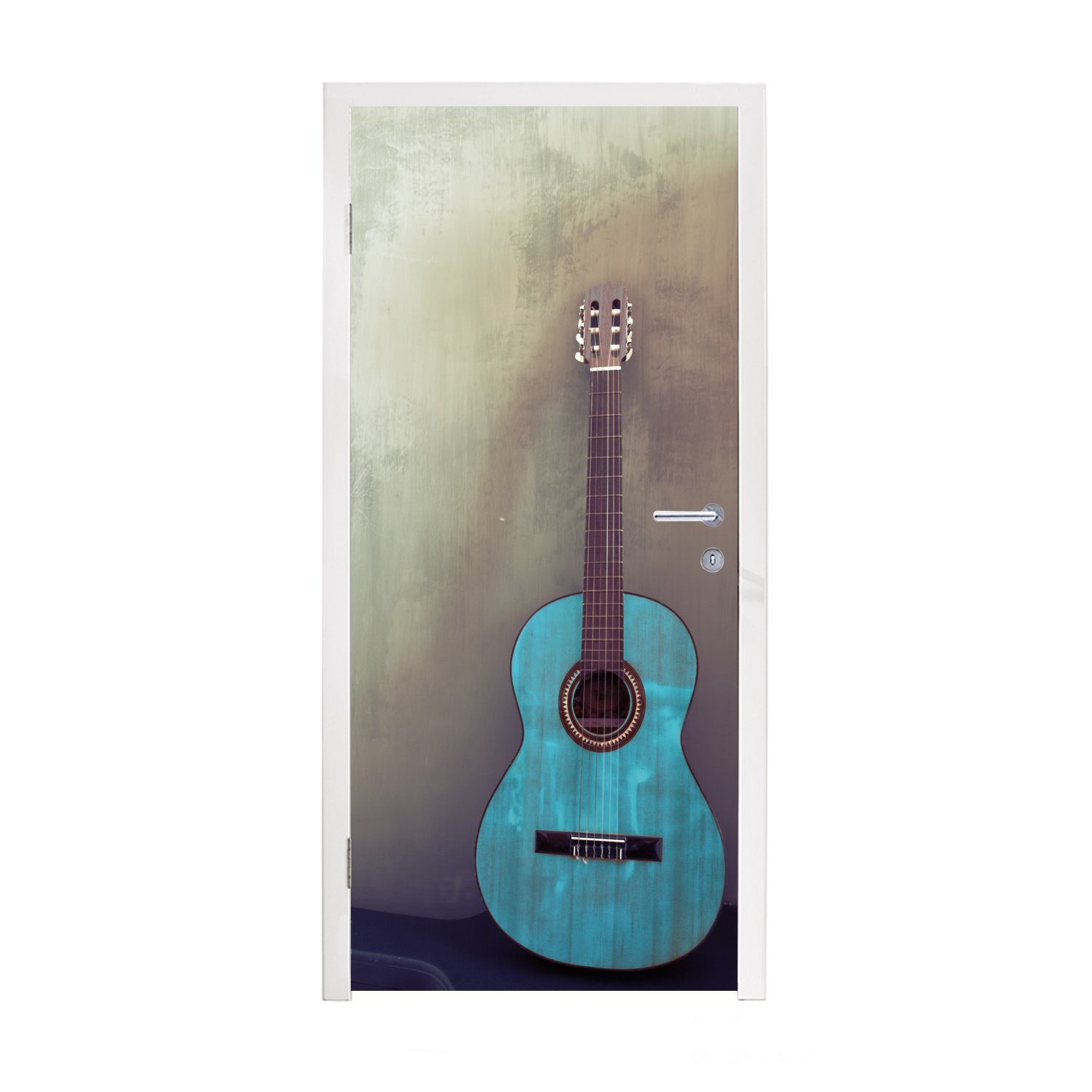 MuchoWow Türtapete Farbige akustische Gitarre in einem Raum mit einer Betonwand, Matt, bedruckt, (1 St), Fototapete für Tür, Türaufkleber, 75x205 cm