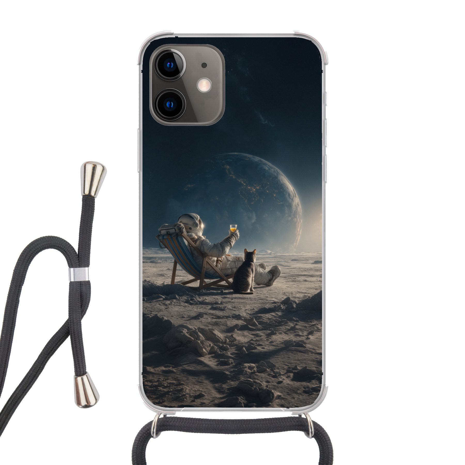 MuchoWow Handyhülle für Apple iPhone 12 Mini Mond - Katze - Astronaut - Weltraum, Tragbare Handyhüllen mit Kette zum umhängen, Handykette Handyband