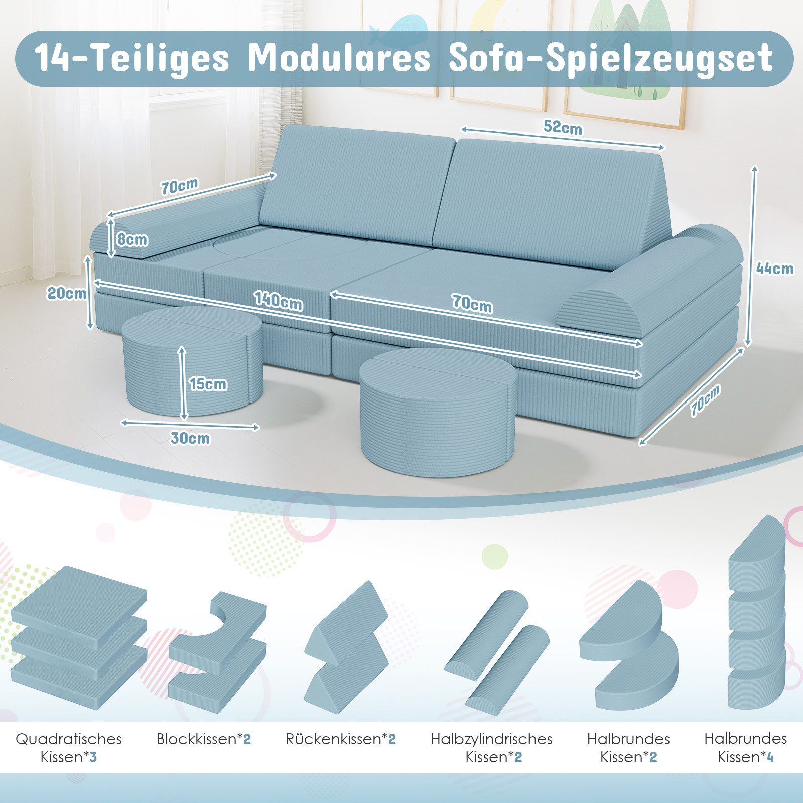 TLGREEN Kindersofa Modulares Kinder Spielsofa 15-teilig, Kreatives Bauset zum Bauen von Autos, Raketen & Burgen, Spielzeug-Geschenk für Jungen und Mädchen