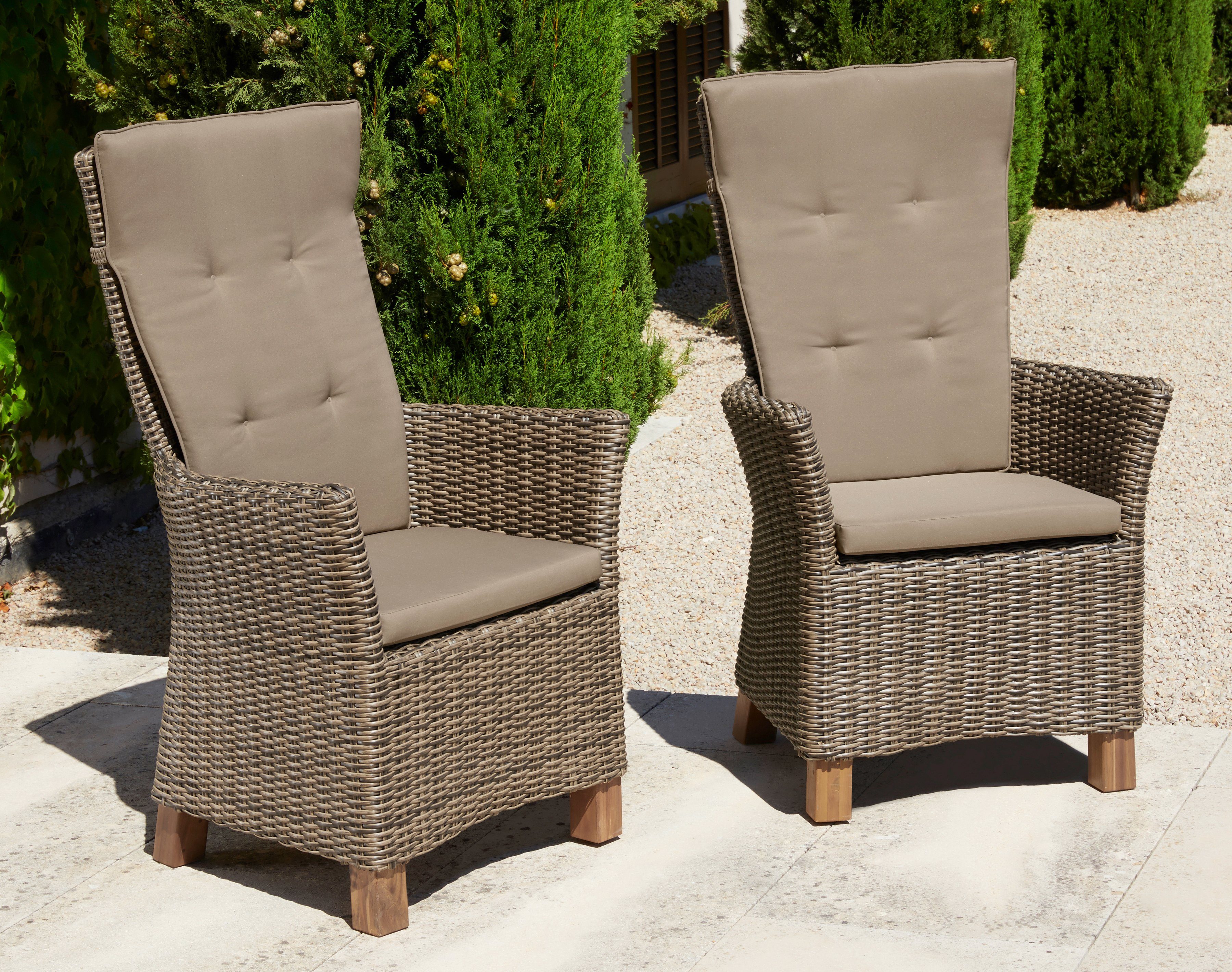 MERXX Gartenstuhl Toskana (Set, 2 St), 2er Set, Polyrattan/Akazienholz, inkl. Auflage