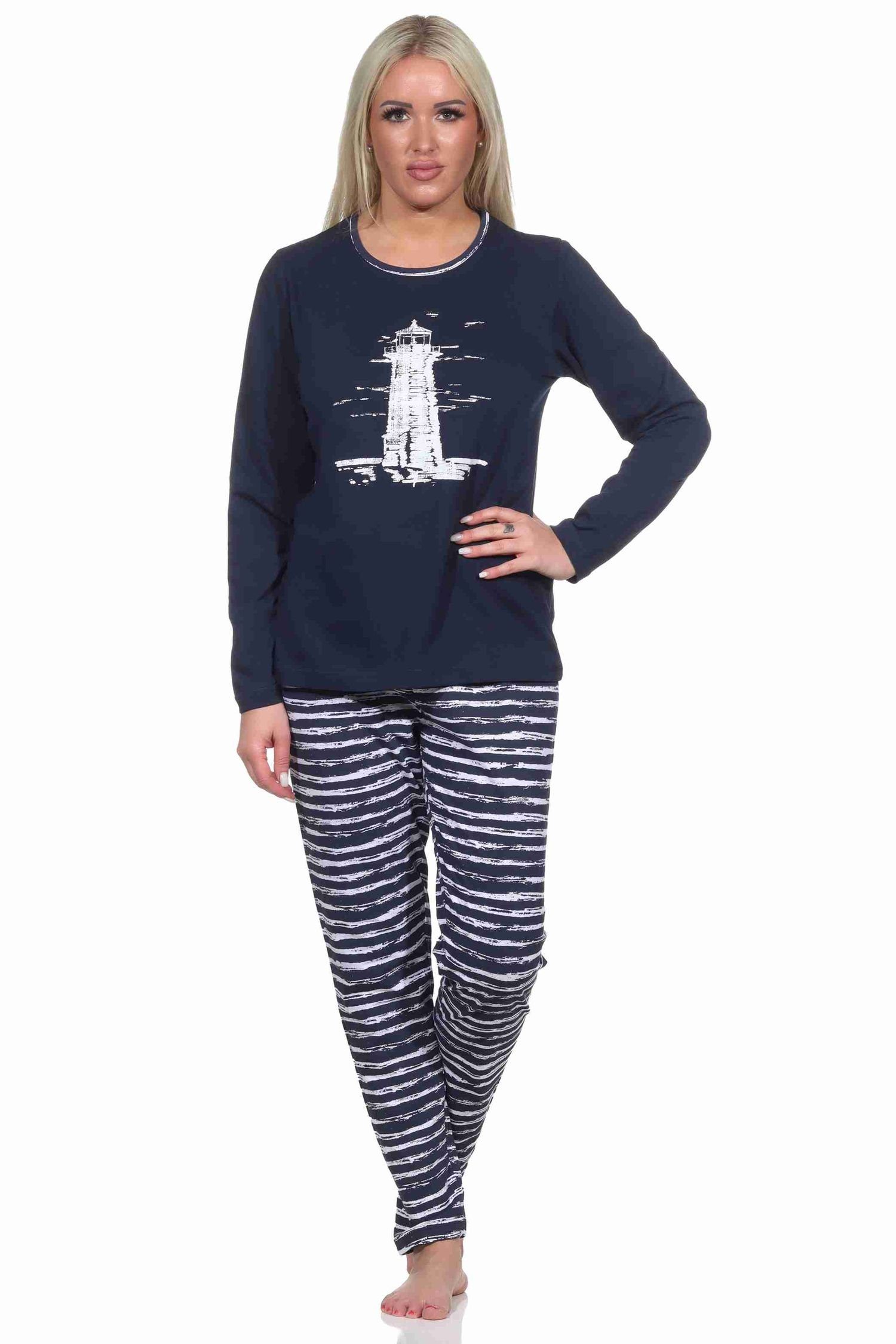 Normann Pyjama Maritim gestreifter Damen langarm Schlafanzug mit Leuchtturm Motiv – Bild 2 von 5
