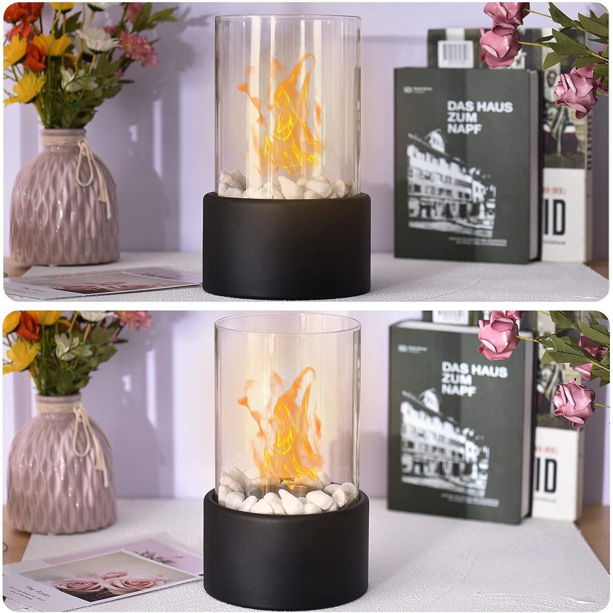 LaCute Tischfeuer Tischfeuer Tischkamin Bioethanol Kamin mit Glas Dekosteinen Schwarz (Tischfeuer Set mit 2 Brennkammern Flammenringen Zange und Handschuhen, Bioethanol Tischkamin Komplettset inklusive Zubehör für innen außen), Freistehender Tischkamin aus Glas und Stahl mit Löschhilfe 10tlg Set
