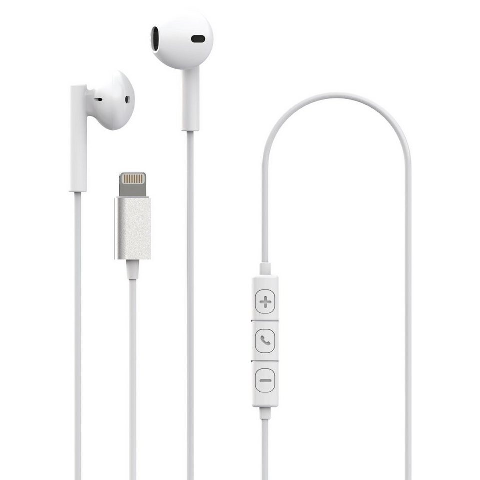 XQISIT In-Ear Headset Button Typ Lightning Weiß Smartphone-Headset  (Anruffunktion, Mikrofon, Wiedergabe-Steuerung, Lautstärkenreglung, 3,5mm,  Mikrofon, Fernbedienung, Silikon-Ohrpolster, 3,5mm Klinken-Stecker)