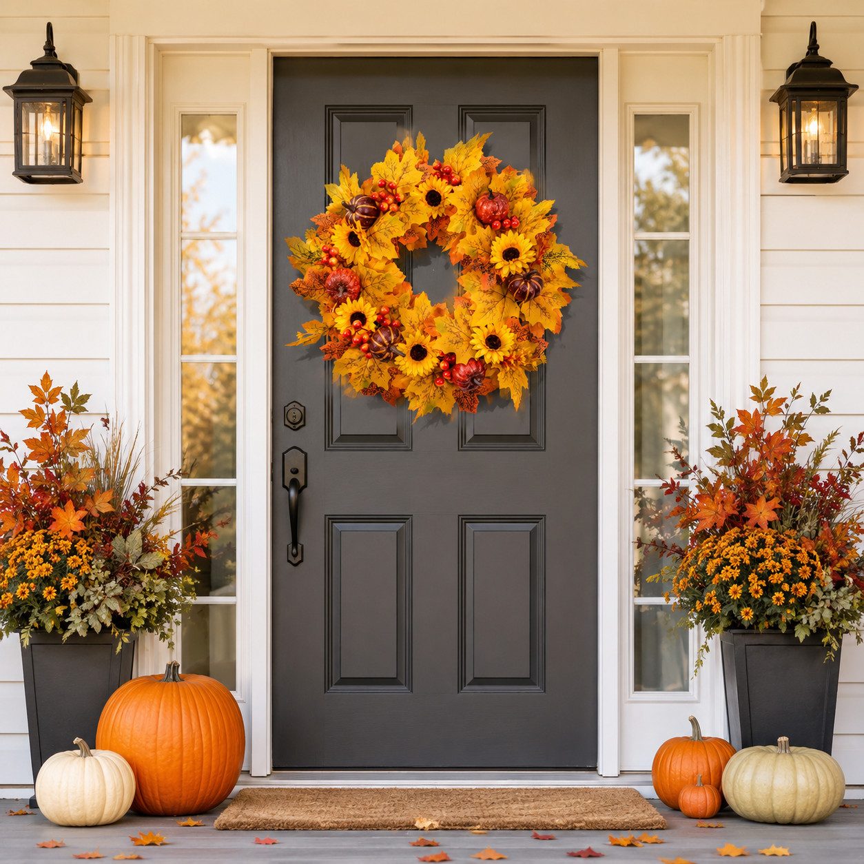 Sorvyzxn Dekokranz Herbstkranz 48 cm, Türkranz mit Ahornblättern für Halloween, Mit Sonnenblumen, Kürbissen & Beeren für Herbst- und Halloween Deko – Bild 4 von 5