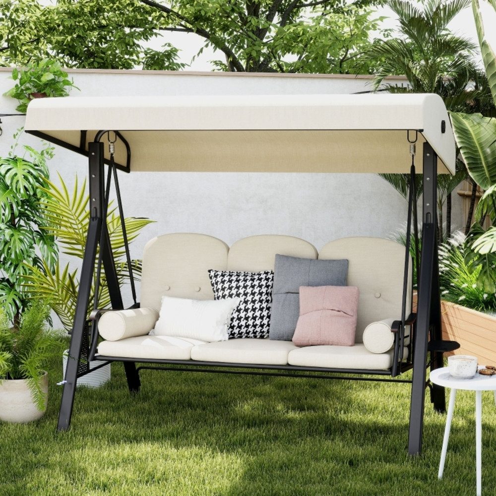 CHICFURN Hollywoodschaukel Gartenschaukel mit Sonnendach und Kissen, Metall & Polyester, 3-Sitzer, Packung, 1 tlg., 3-Sitzer, Beige, 121×208×172 cm