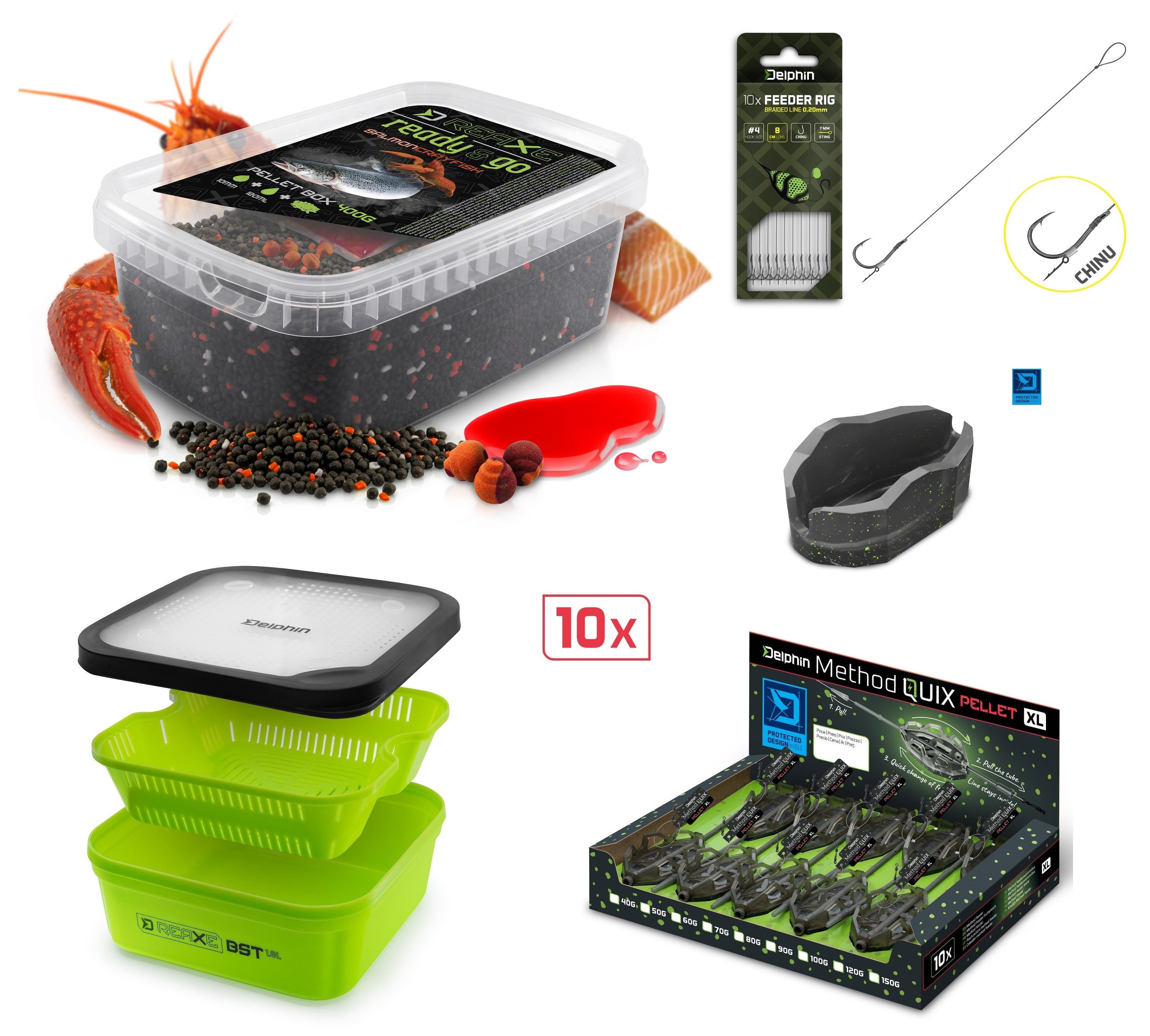 Delphin.sk Feederkorb Lachs-Krebs Feeder SET Pellets Box 400g + 10 Futterkörbe uvm. Karpfen, (25-St. Pellets + Booster + Köder+ Futterkörbe + Haken + Box + Form), Über 25 teiliges Set um erfolgreich auf Friedfische zu angeln