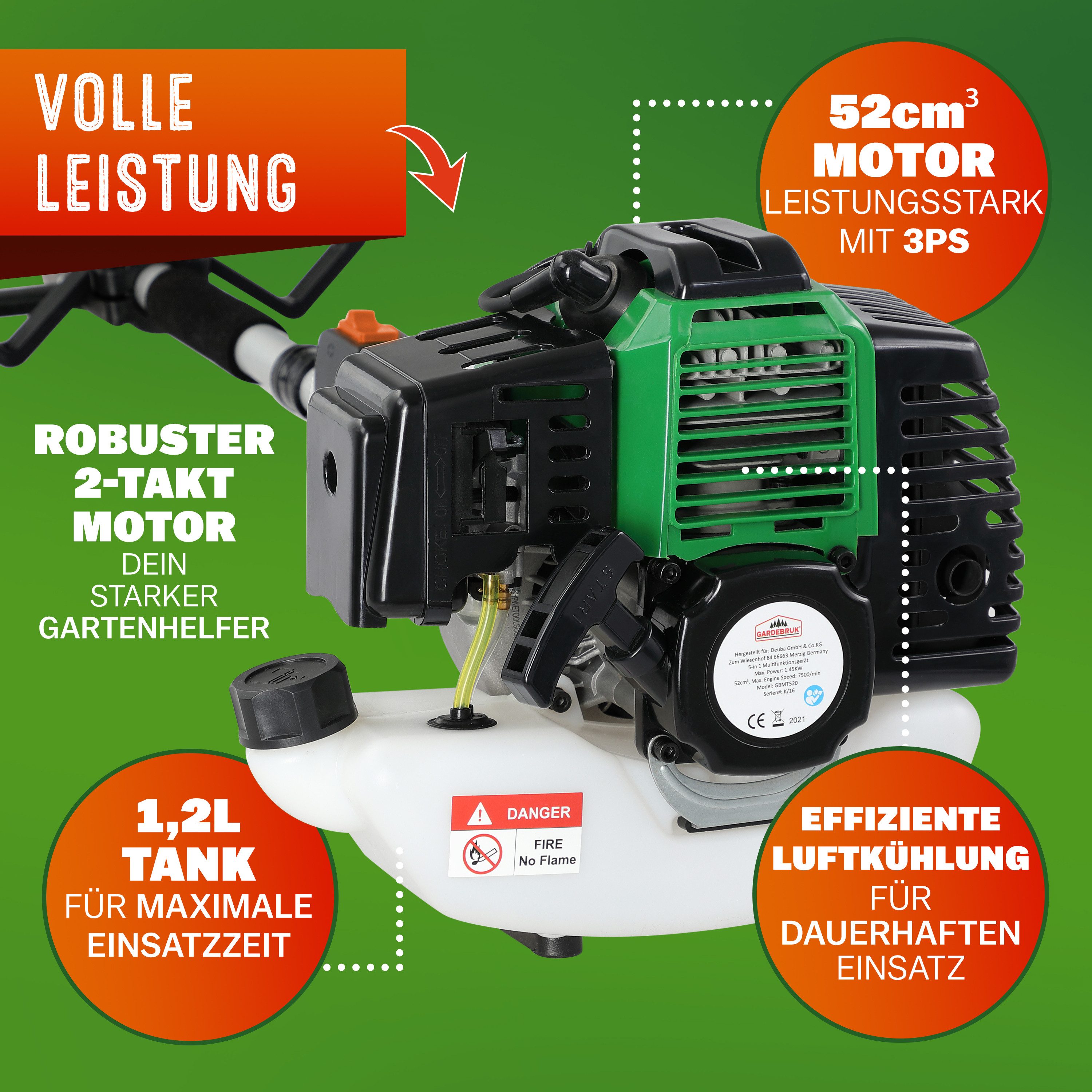 Gardebruk Benzin-Motorsense, GBMT520 2 PS Tragegurt 5 in 1 Multitool 1m Verlängerung Heckenschere