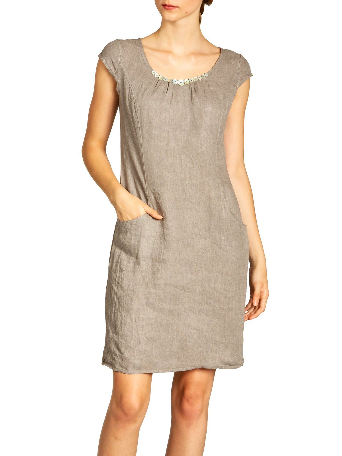 Caspar Sommerkleid SKL018 knielanges Damen Sommer Leinenkleid mit Perlmutt Knöpfe Dekor figurumspielender Schnitt, luftig leicht, angenehm kühlend