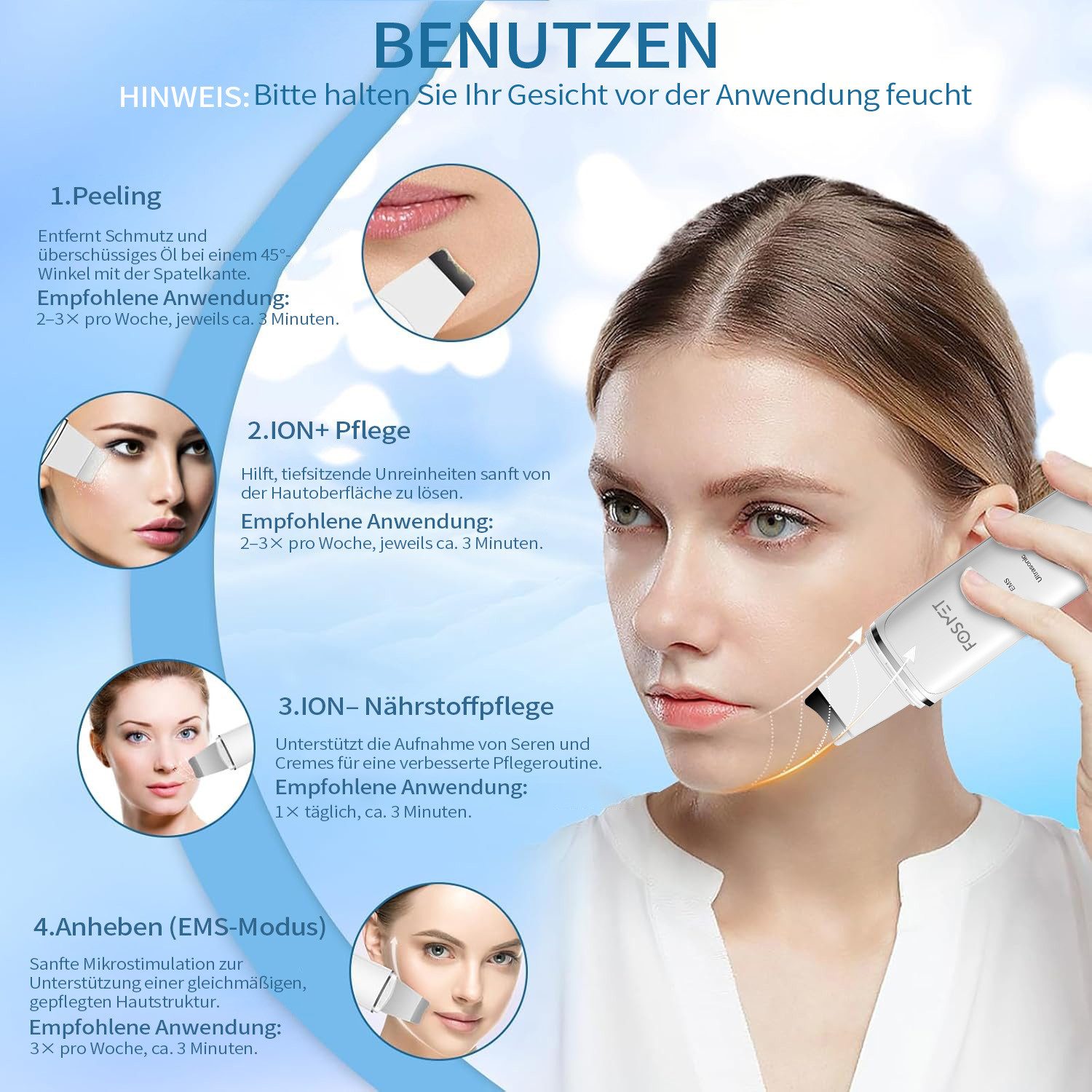 FOSMET Porenreiniger Ultraschall Skin Scrubber, mit 4 Modi, Face Spatula Mitesserentferner, Ultraschall Gesichtspeelinggerät – sanfte Reinigung & Porenpflege, Gesichtswaschspatel zur porentiefen Reinigung und Hautpflege