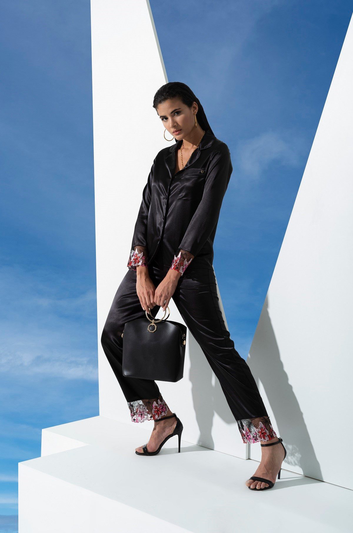 For You Moda Schlafanzug 6-teiliges Satin-Schwarz-Pyjama-Set günstig online kaufen