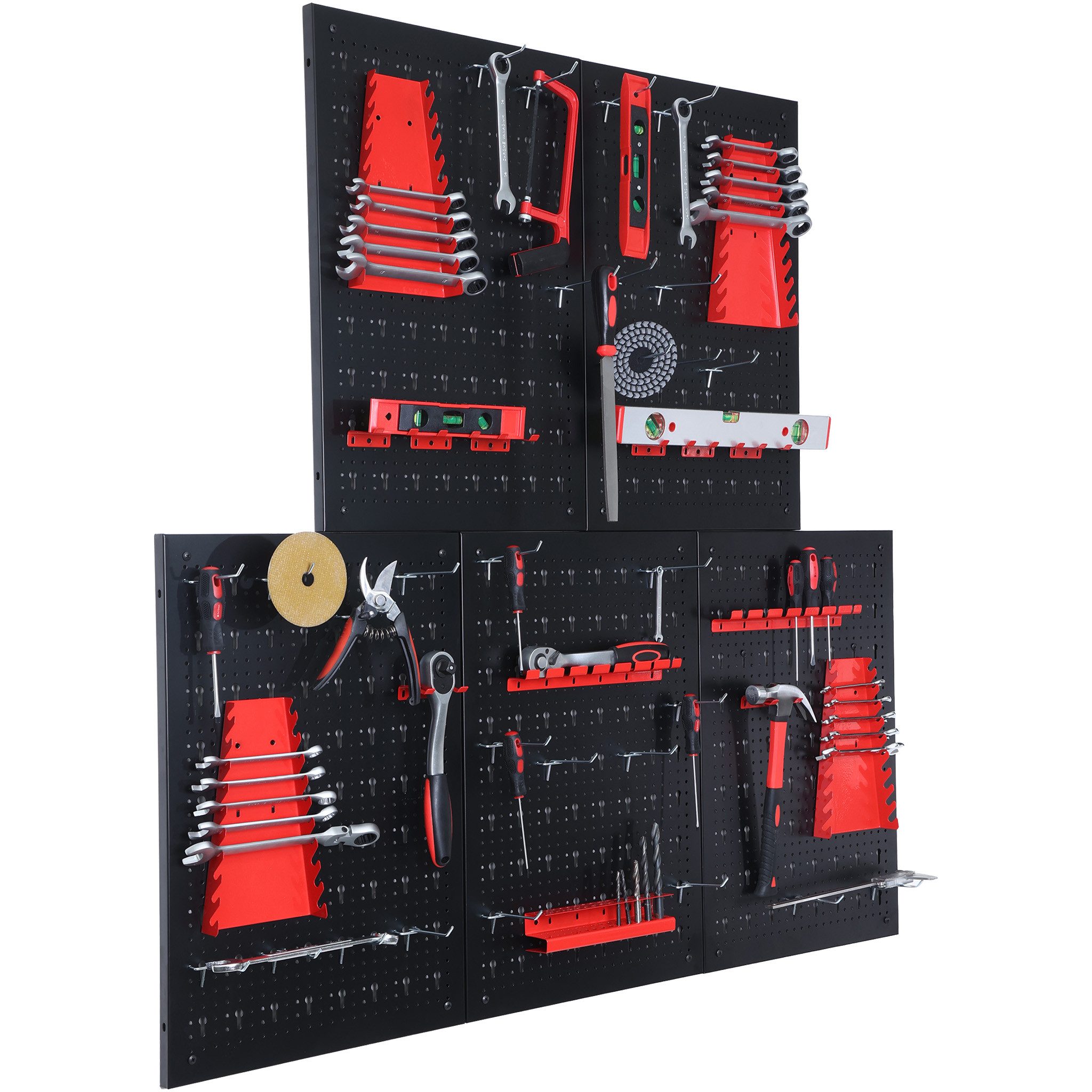 Floordirekt Werkzeughalter Werkzeugwand Parker Lochwand Set Metall mit Zubehör Lochplatte modular, 5-tlg., Schwarz (Platten), Rot (Zubehör), ca. 15 kg pro Platte