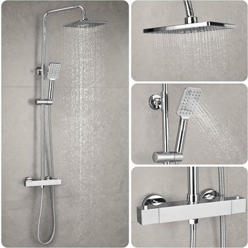 Solepearl Duschsystem mit Thermostat 38℃, Regendusche Duschamaturenset, 21cm Kopfbrause 3 Funktionen Handbrause 80-117cm Edelstahl